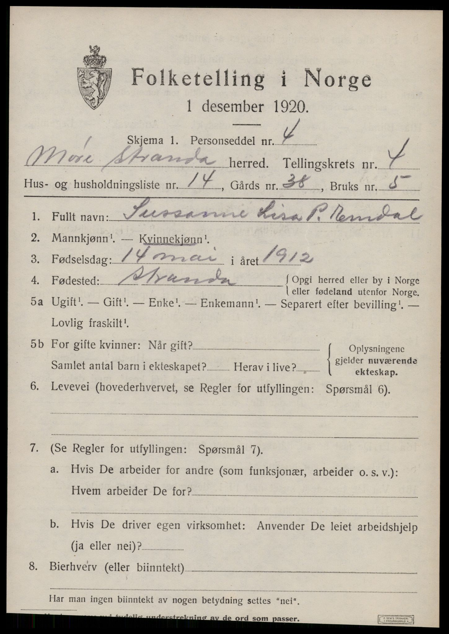 SAT, 1920 census for Stranda, 1920, p. 2623