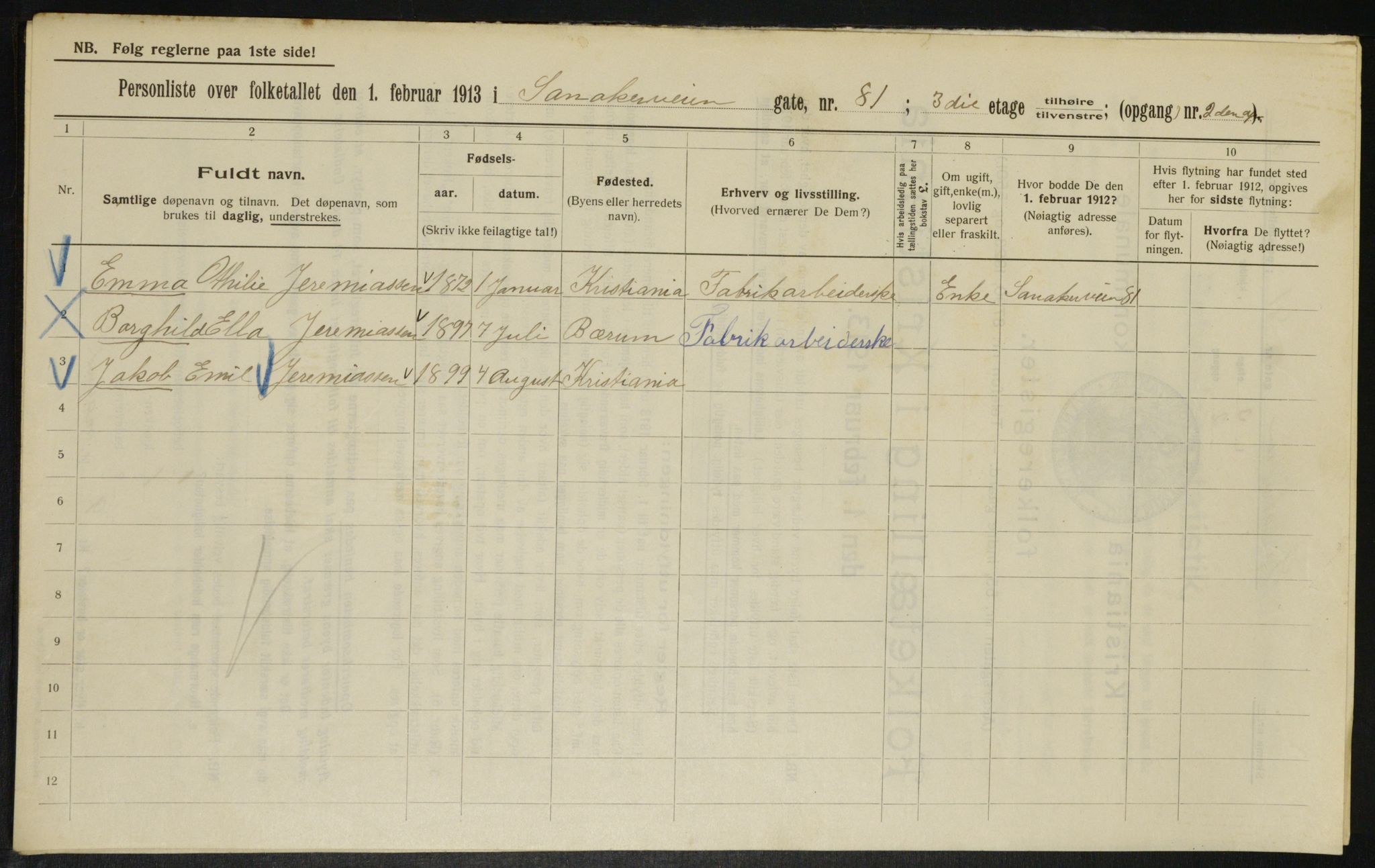 OBA, Municipal Census 1913 for Kristiania, 1913, p. 87399