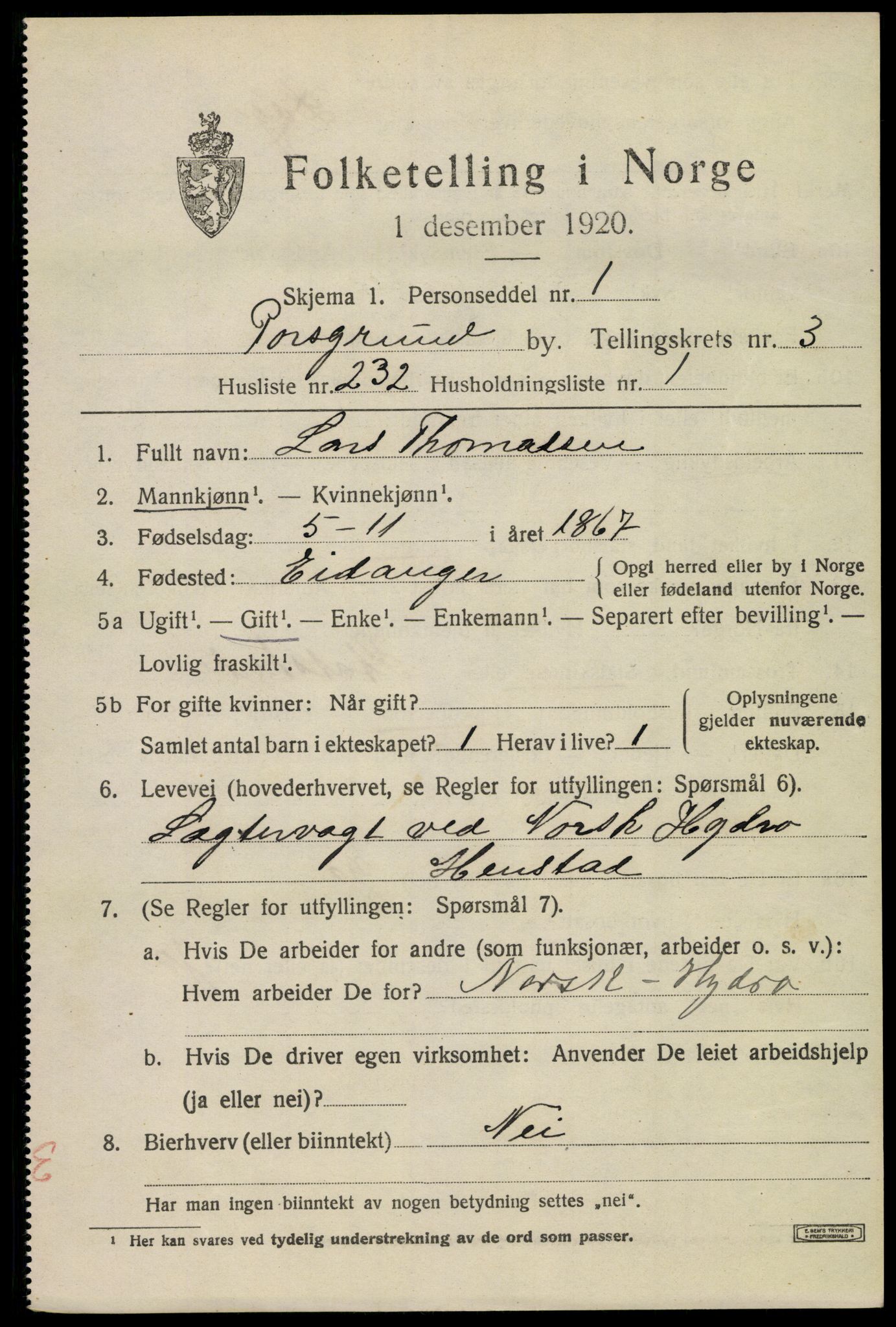 SAKO, 1920 census for Porsgrunn, 1920, p. 17363