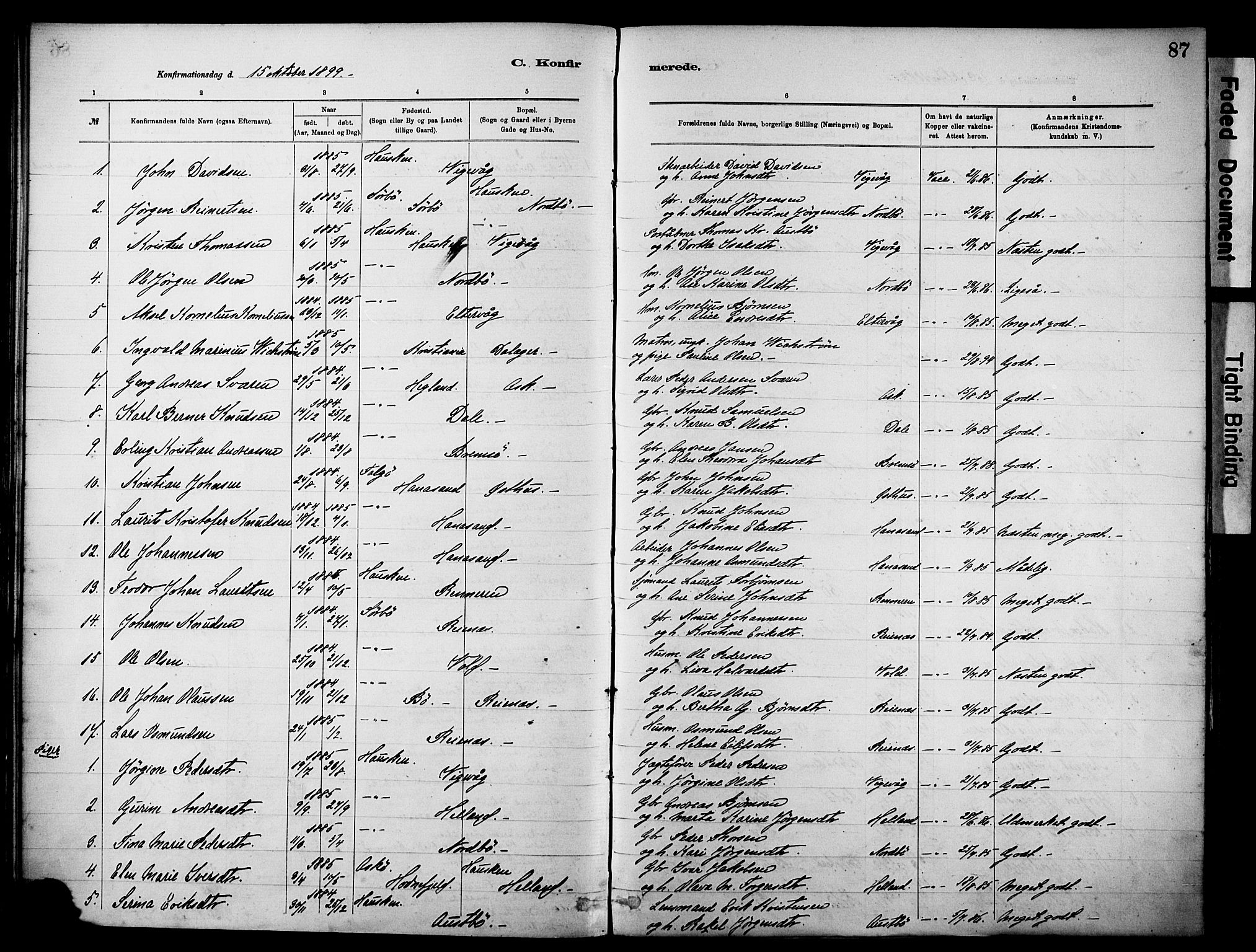 Rennesøy sokneprestkontor, SAST/A -101827/H/Ha/Haa/L0012: Parish register (official) no. A 13, 1885-1917, p. 87