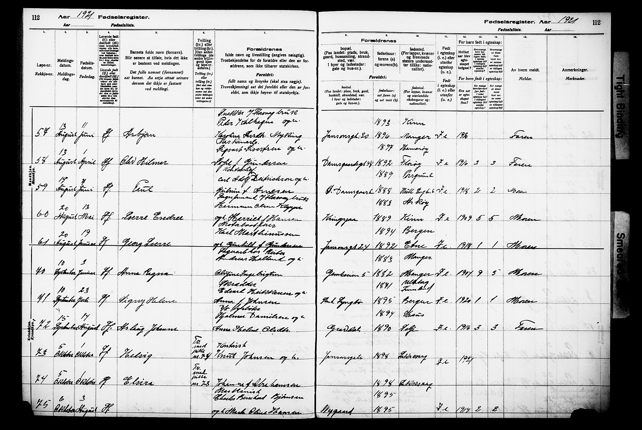 Laksevåg Sokneprestembete, AV/SAB-A-76501/I/Id/L00A1: Birth register no. A 1, 1916-1926, p. 112