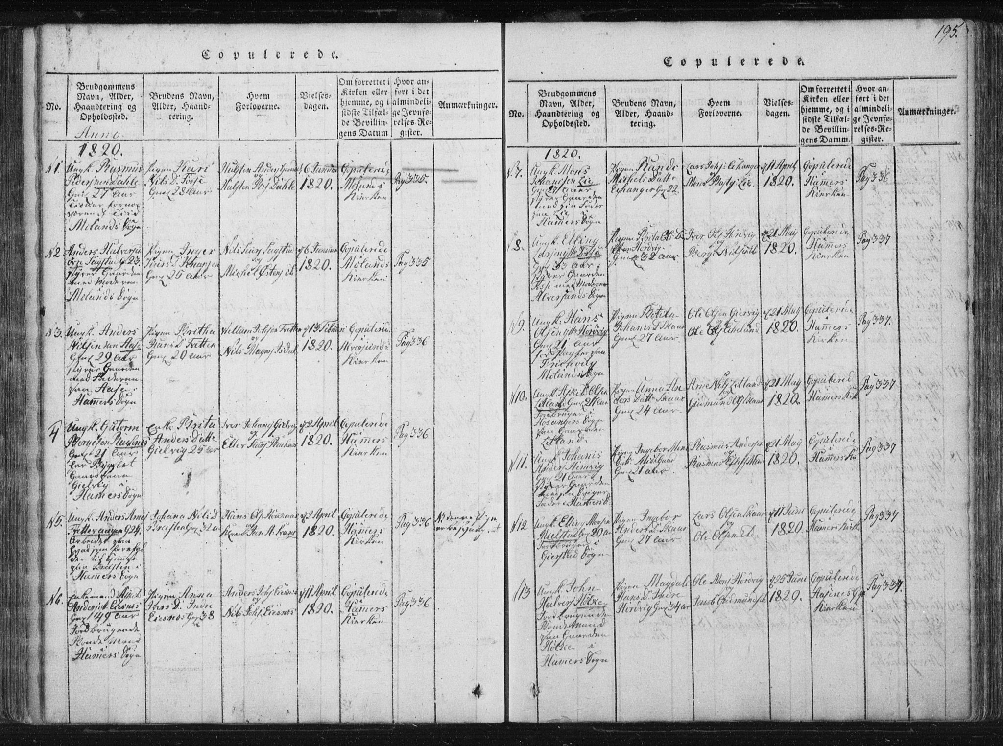 Hamre sokneprestembete, SAB/A-75501/H/Ha/Haa/Haaa/L0010: Parish register (official) no. A 10, 1816-1826, p. 195