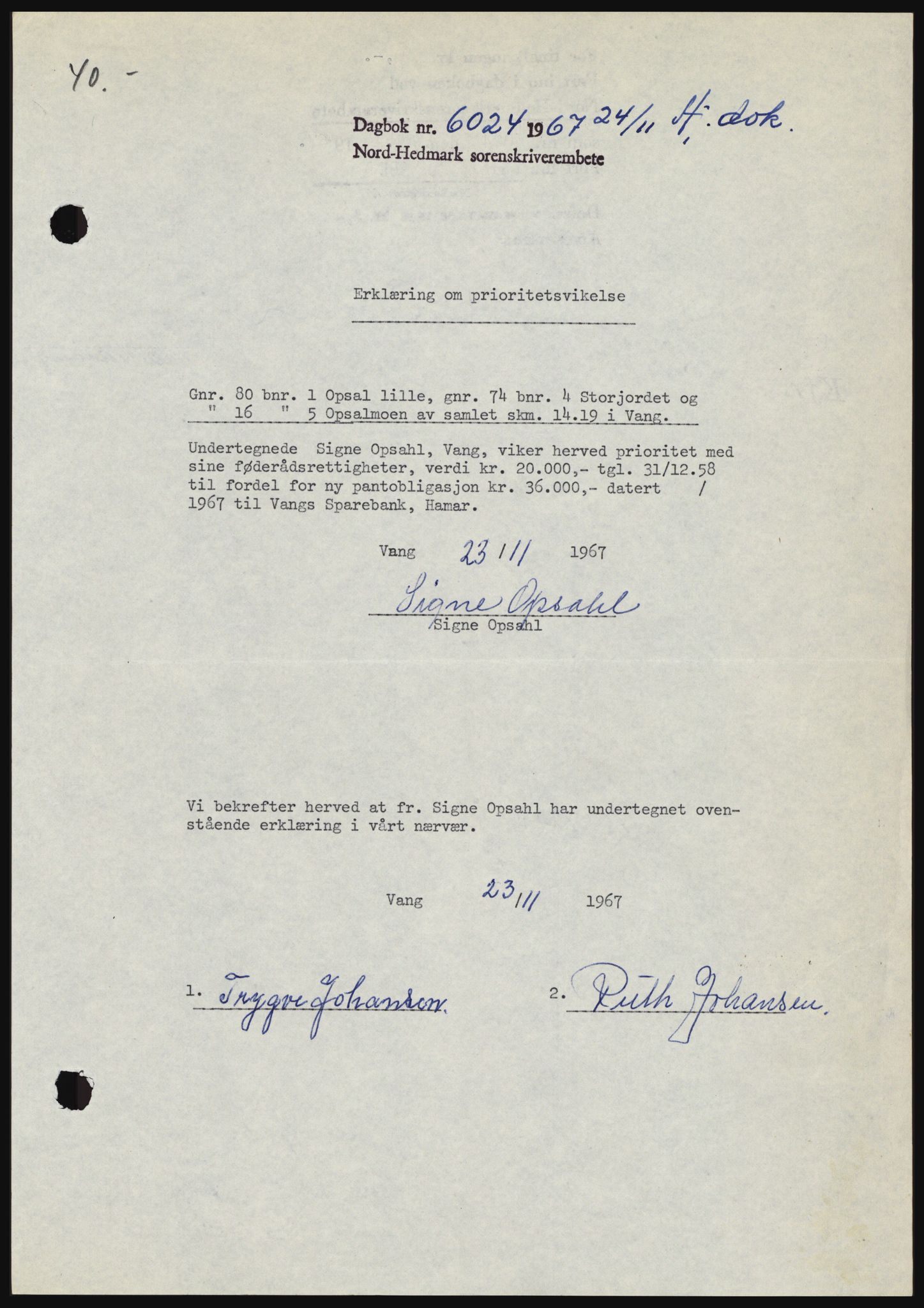 Nord-Hedmark sorenskriveri, SAH/TING-012/H/Hc/L0027: Mortgage book no. 27, 1967-1968, Diary no: : 6024/1967