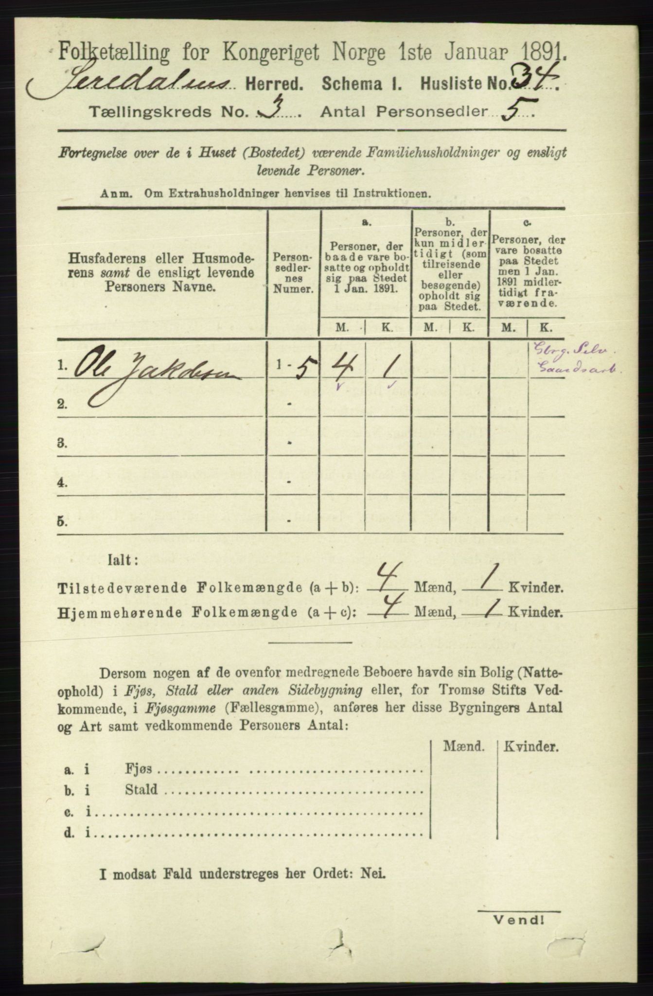 RA, 1891 census for 1046 Sirdal, 1891, p. 654