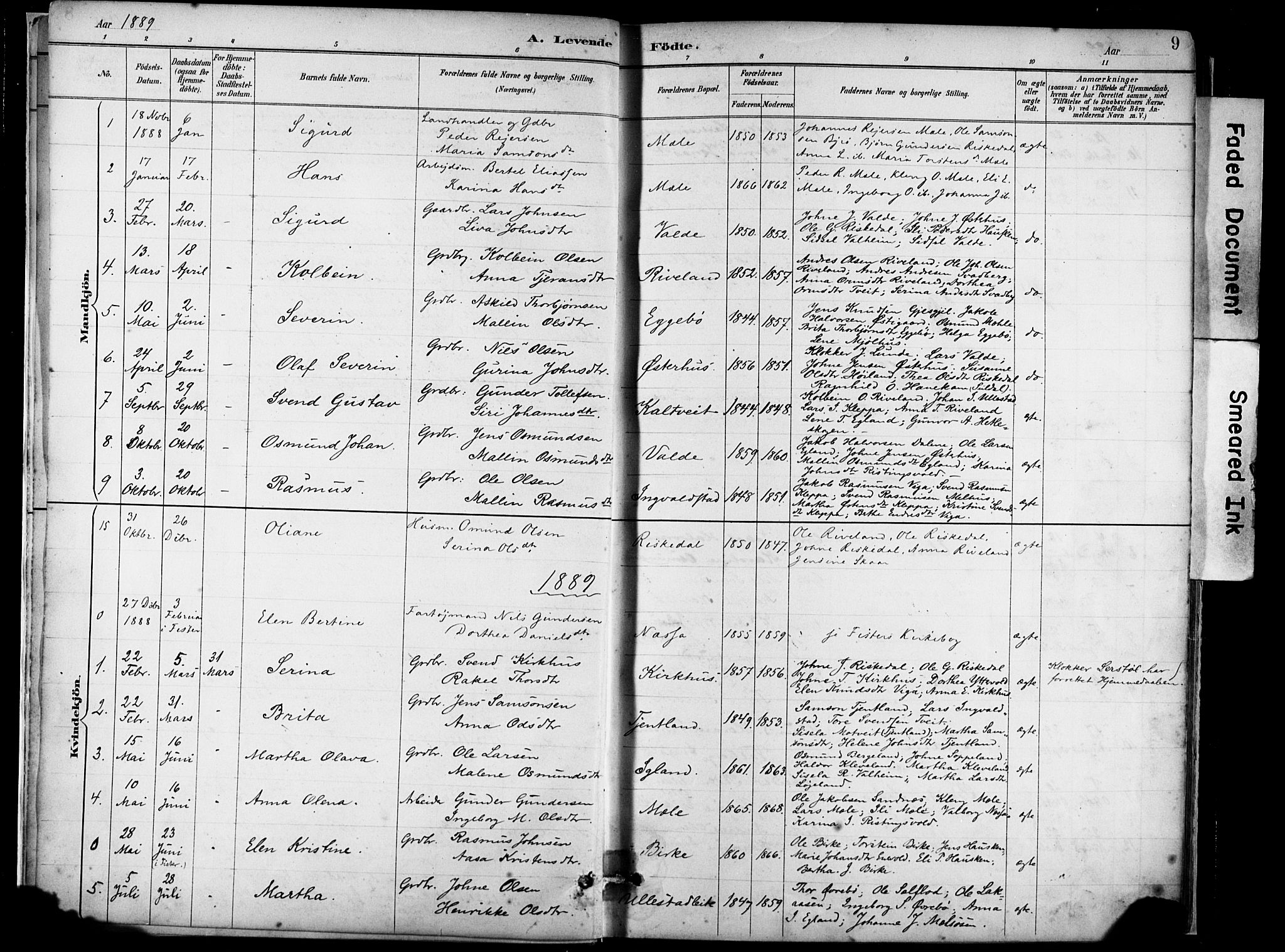 Hjelmeland sokneprestkontor, AV/SAST-A-101843/02/A/L0001: Parish register (official) no. A 16, 1887-1926, p. 9