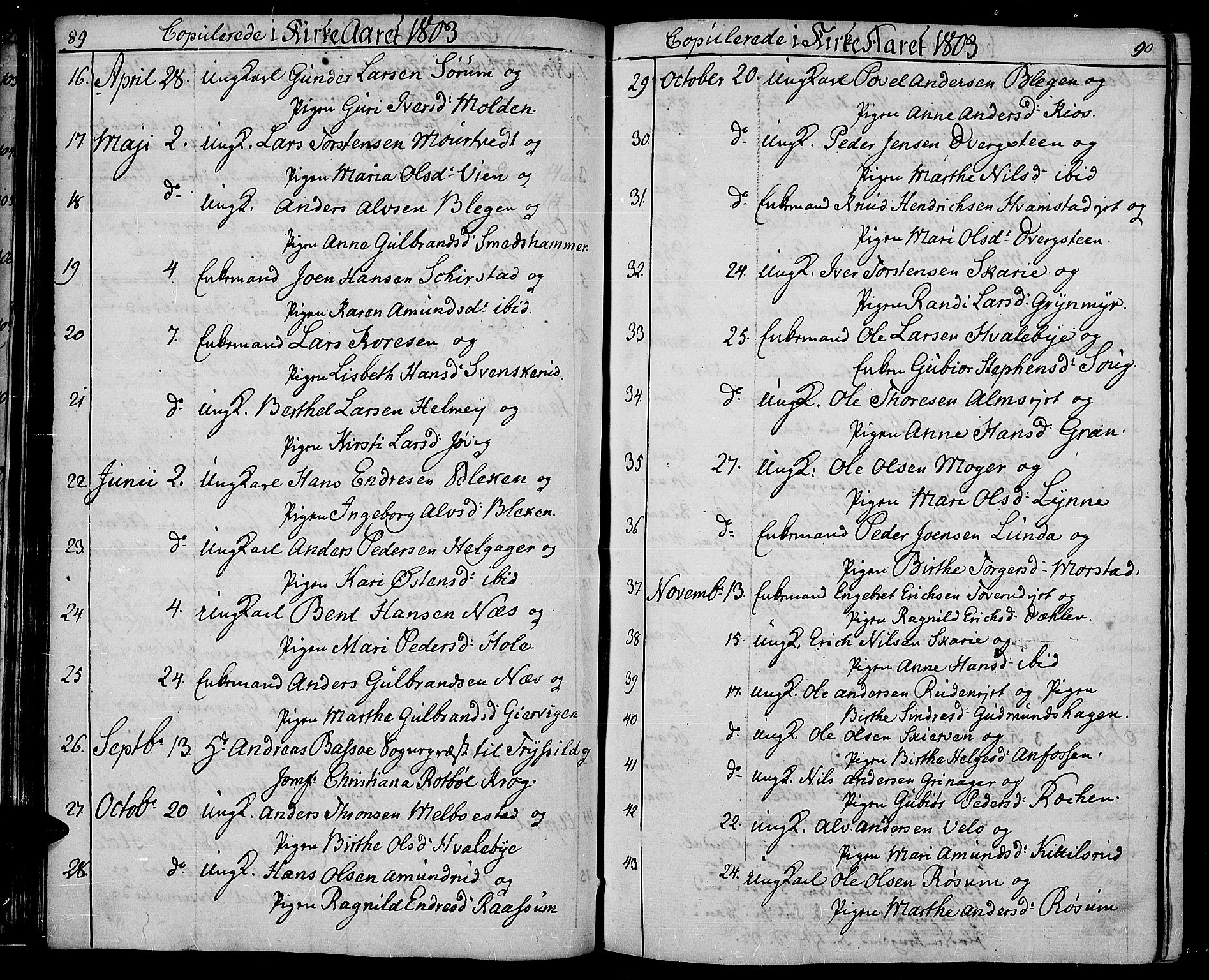 Gran prestekontor, SAH/PREST-112/H/Ha/Haa/L0008: Parish register (official) no. 8, 1798-1811, p. 89-90