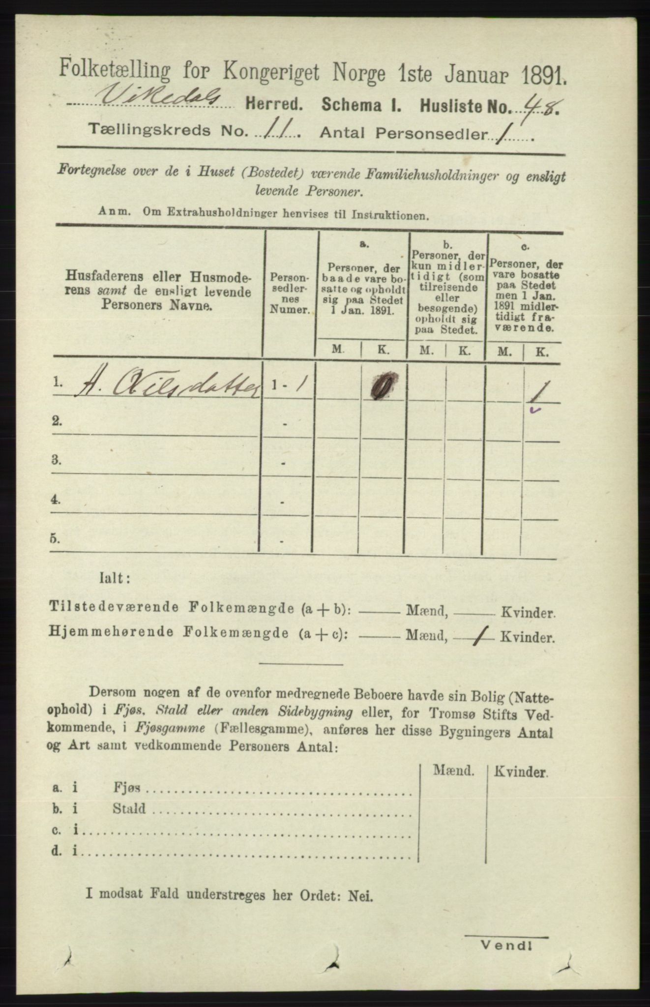 RA, 1891 census for 1157 Vikedal, 1891, p. 2890