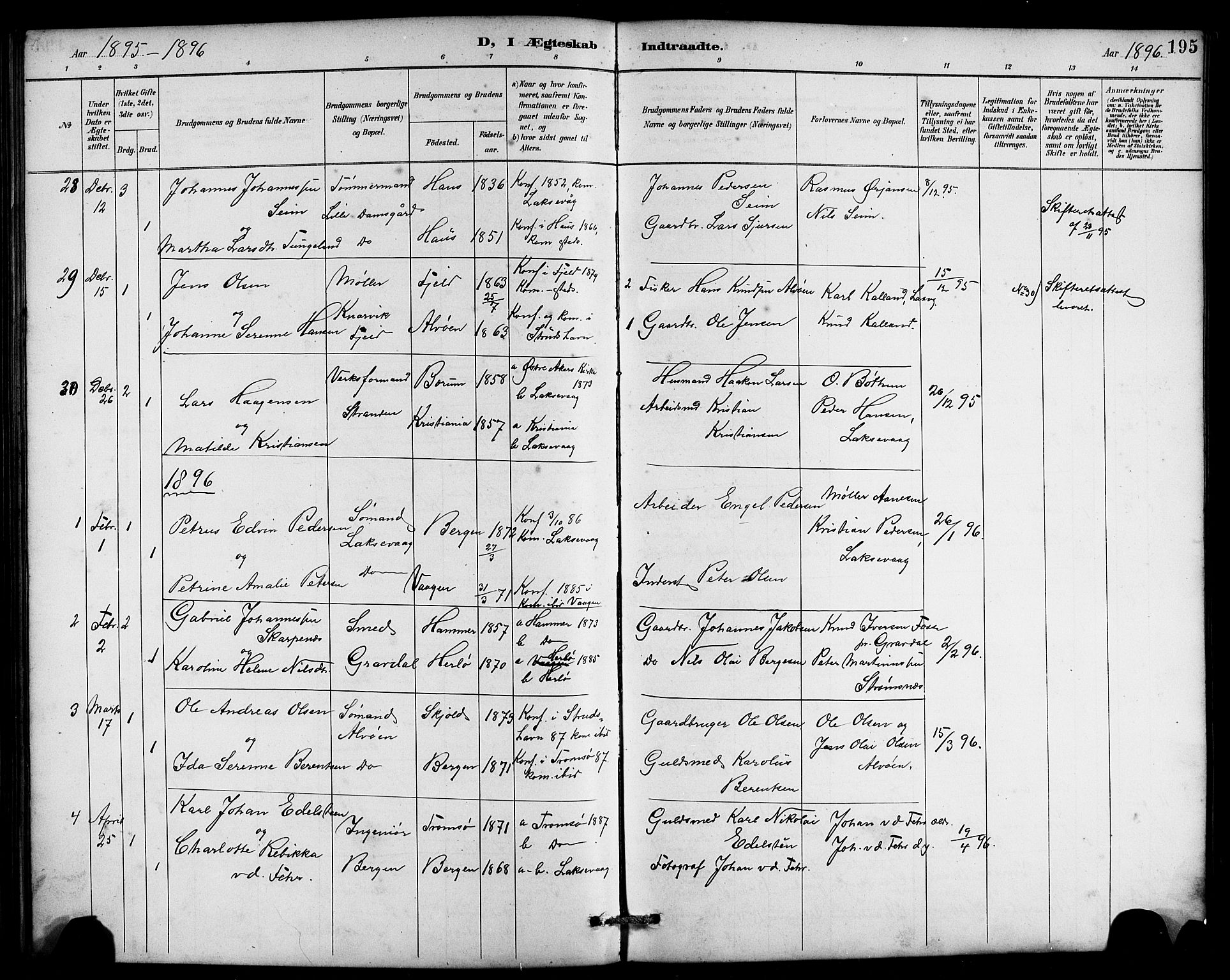 Laksevåg Sokneprestembete, SAB/A-76501/H/Ha/Hab/Haba/L0003: Parish register (copy) no. A 3, 1887-1899, p. 195