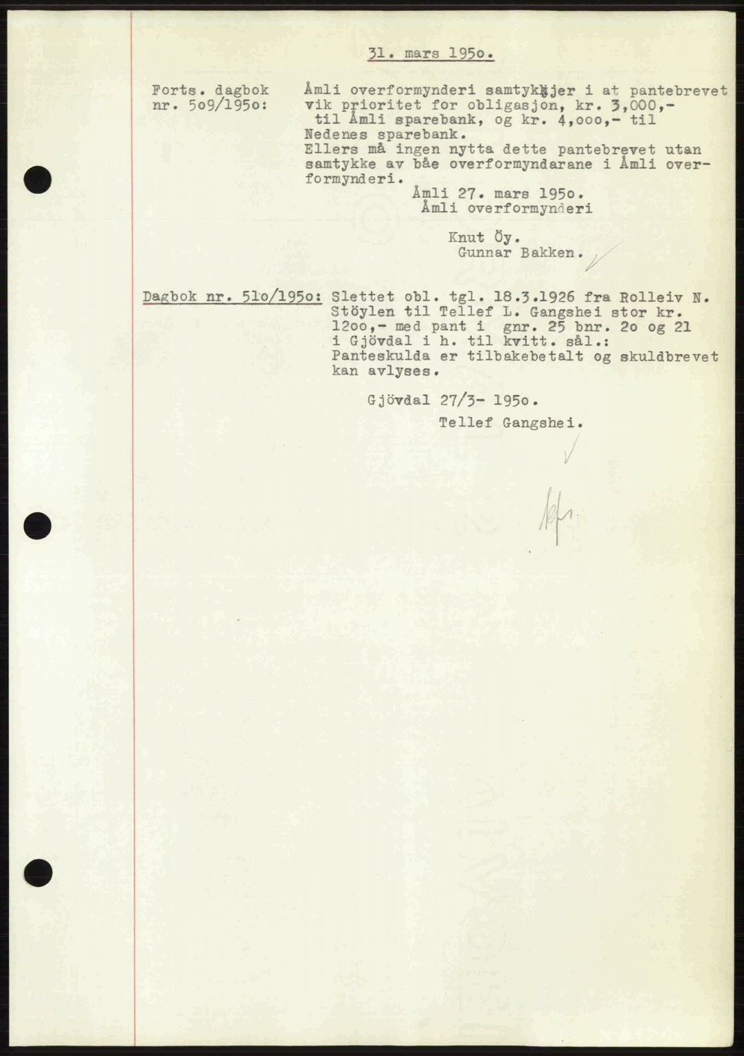Nedenes sorenskriveri, AV/SAK-1221-0006/G/Gb/Gba/L0062: Mortgage book no. A14, 1949-1950, Diary no: : 509/1950