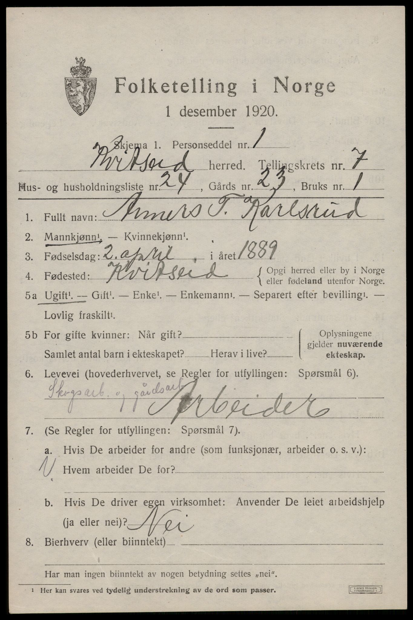 SAKO, 1920 census for Kviteseid, 1920, p. 3733