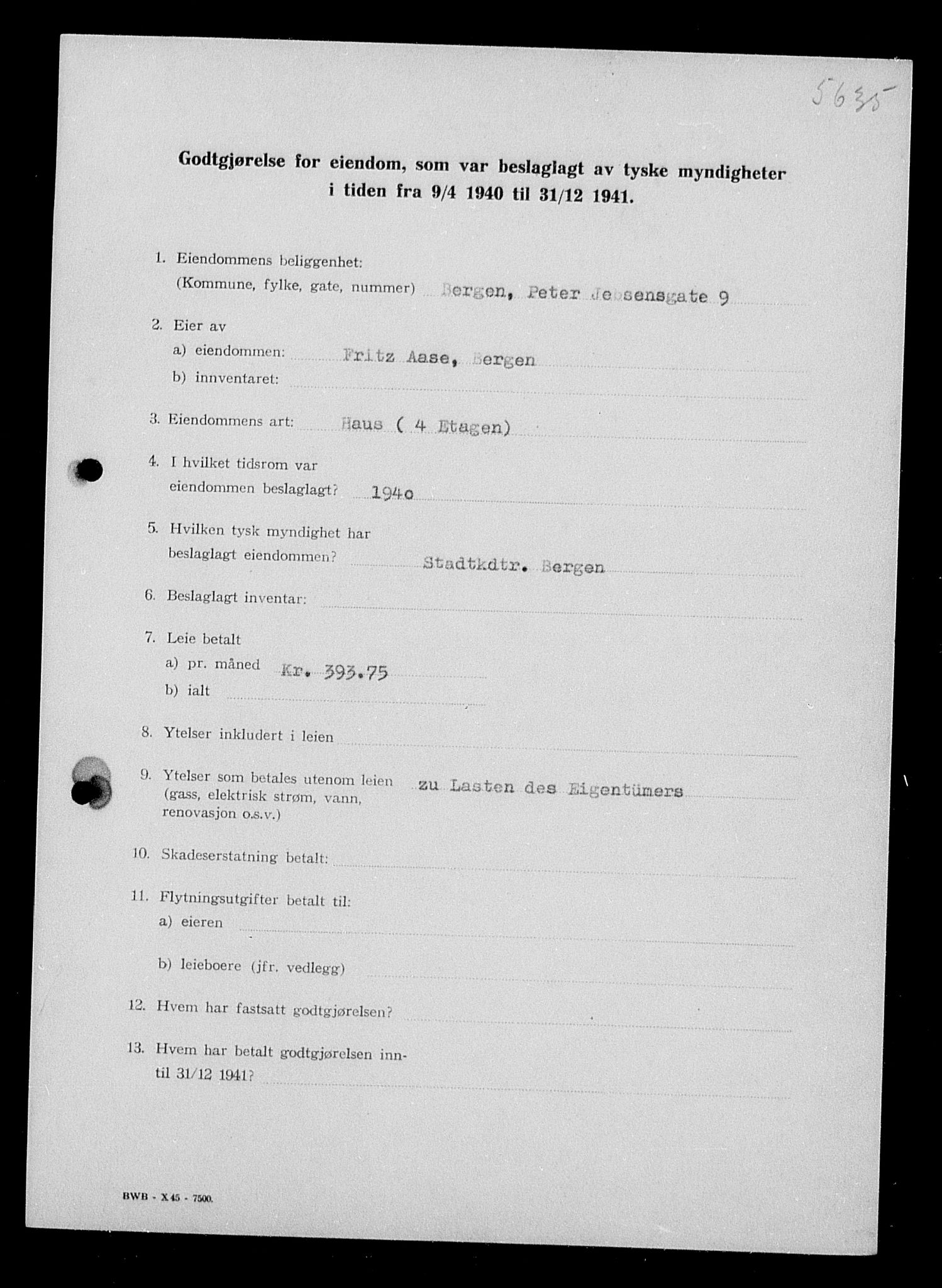 Justisdepartementet, Tilbakeføringskontoret for inndratte formuer, AV/RA-S-1564/I/L1016: Godtgjørelse for beslaglagt eiendom, 1940-1941, p. 10