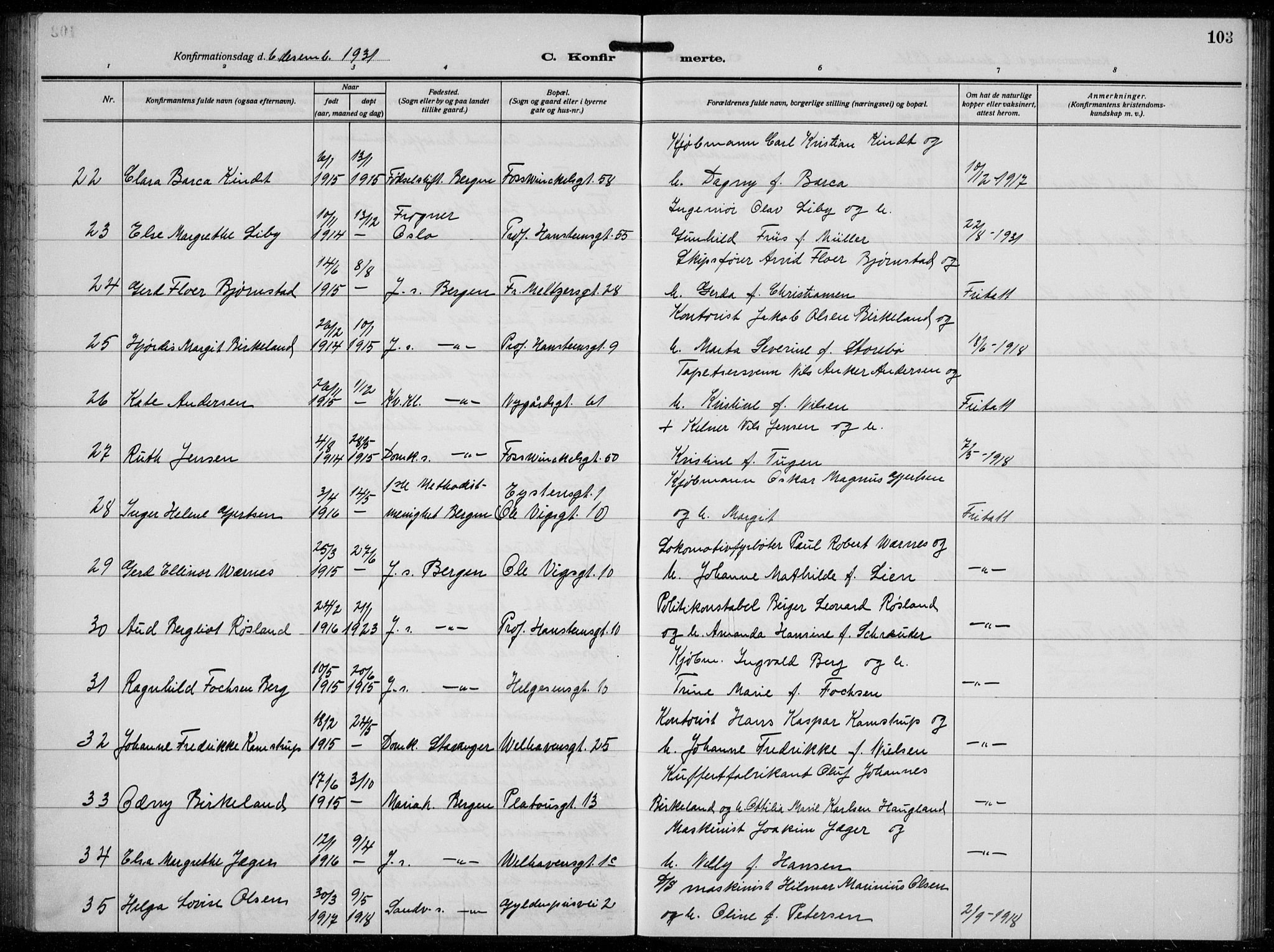 Johanneskirken sokneprestembete, AV/SAB-A-76001/H/Hab: Parish register (copy) no. B  3, 1925-1935, p. 102b-103a