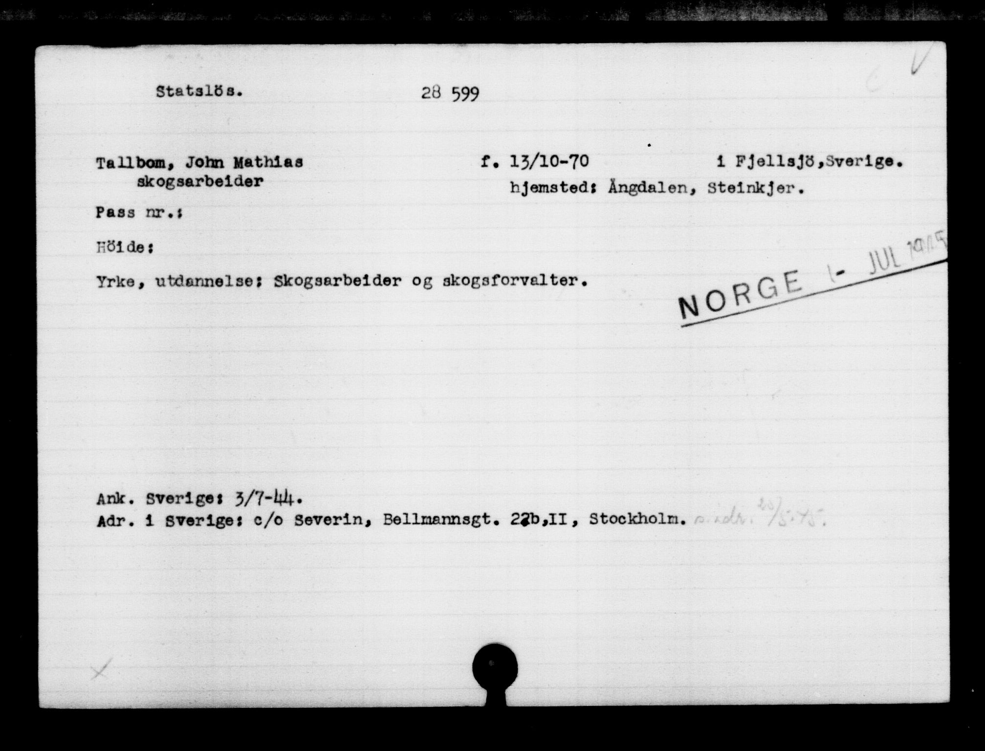 Utenriksstasjonene, Legasjonen i Stockholm, Flyktningkontoret, AV/RA-S-6753/V/Va/L0012: Kjesäterkartoteket, flyktninger med registreringsnr. 28300-31566, 1940-1945, p. 321