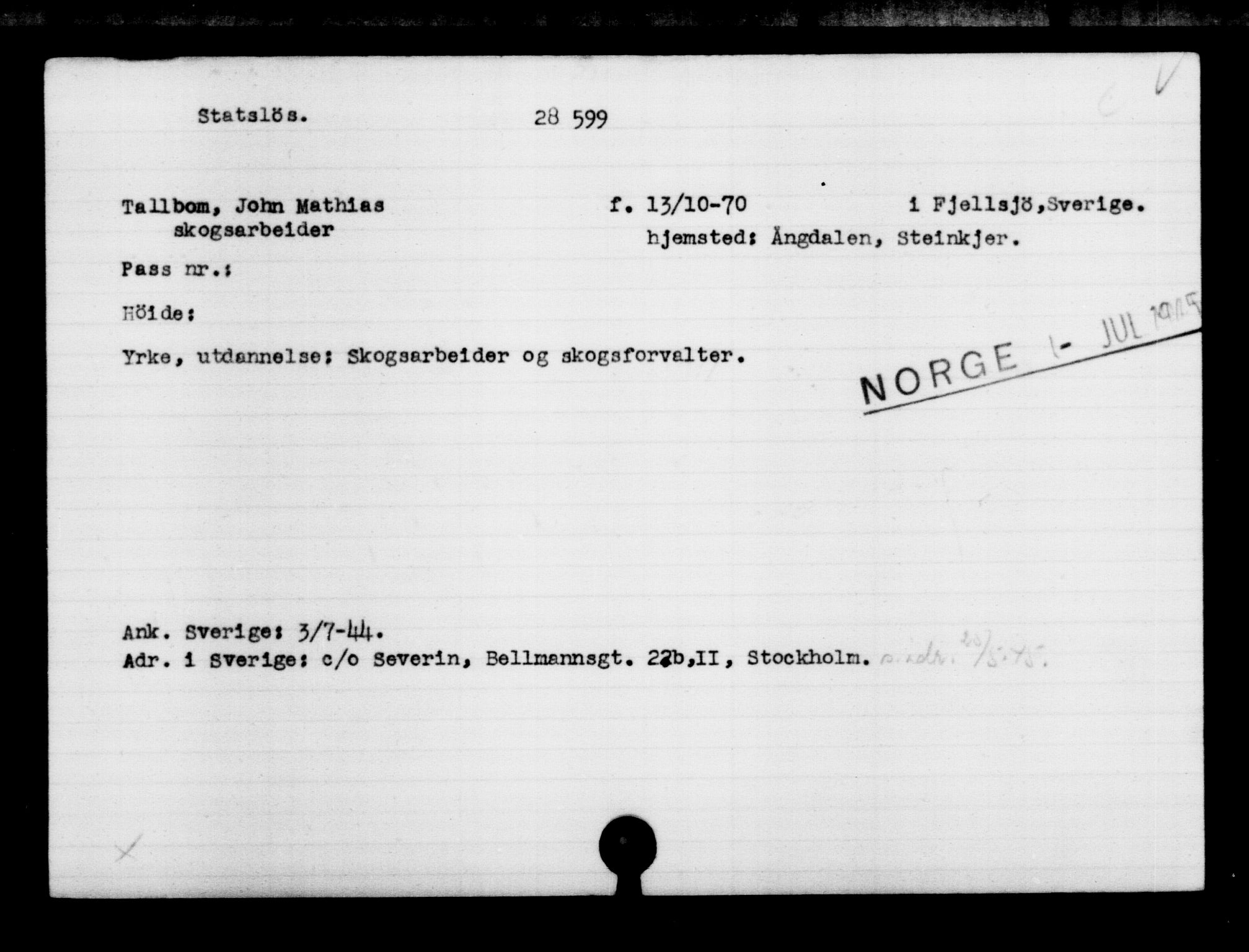 Den Kgl. Norske Legasjons Flyktningskontor, RA/S-6753/V/Va/L0012: Kjesäterkartoteket.  Flyktningenr. 28300-31566, 1940-1945, p. 321