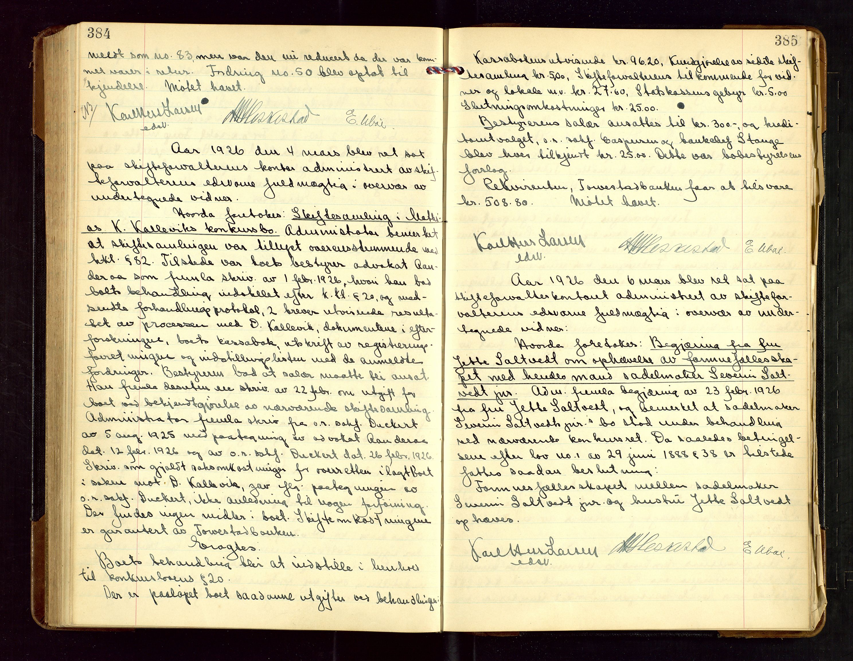 Haugesund tingrett, AV/SAST-A-101415/01/IV/IVC/L0004: Skifteforhandlingsprotokoll, med register, 1923-1926, p. 384-385