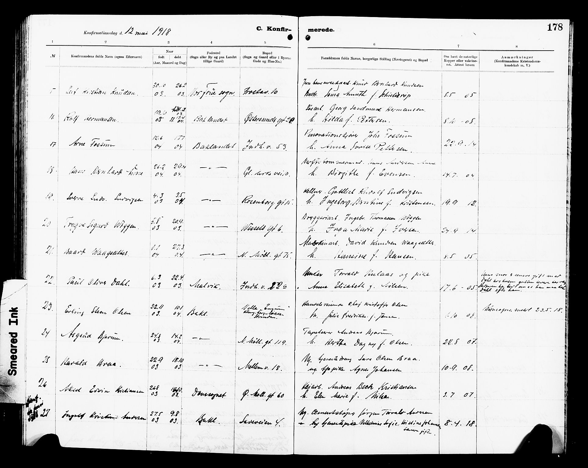 Ministerialprotokoller, klokkerbøker og fødselsregistre - Sør-Trøndelag, SAT/A-1456/605/L0256: Parish register (copy) no. 605C03, 1916-1920, p. 178