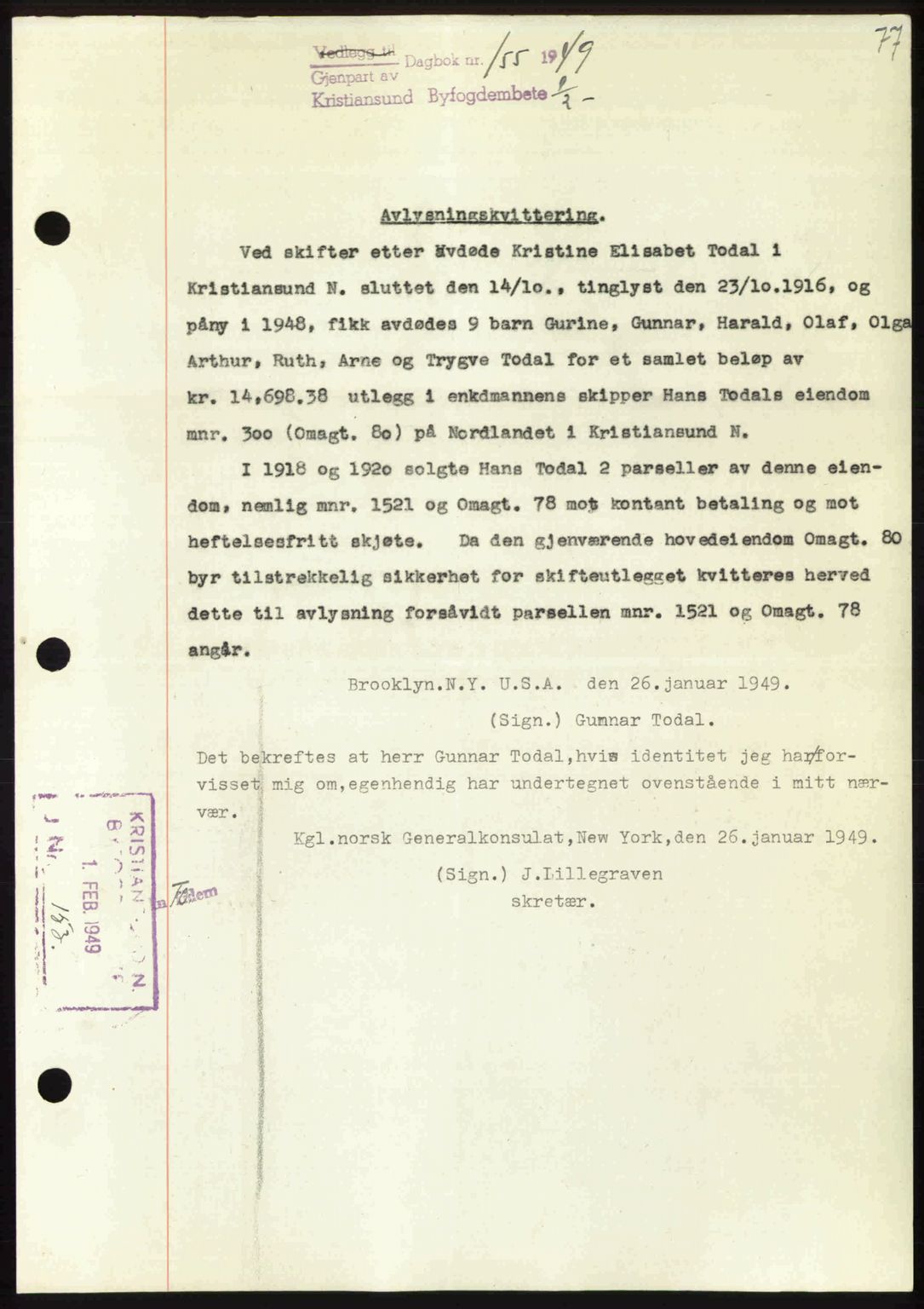 Kristiansund byfogd, AV/SAT-A-4587/A/27: Mortgage book no. 45, 1948-1949, Diary no: : 155/1949