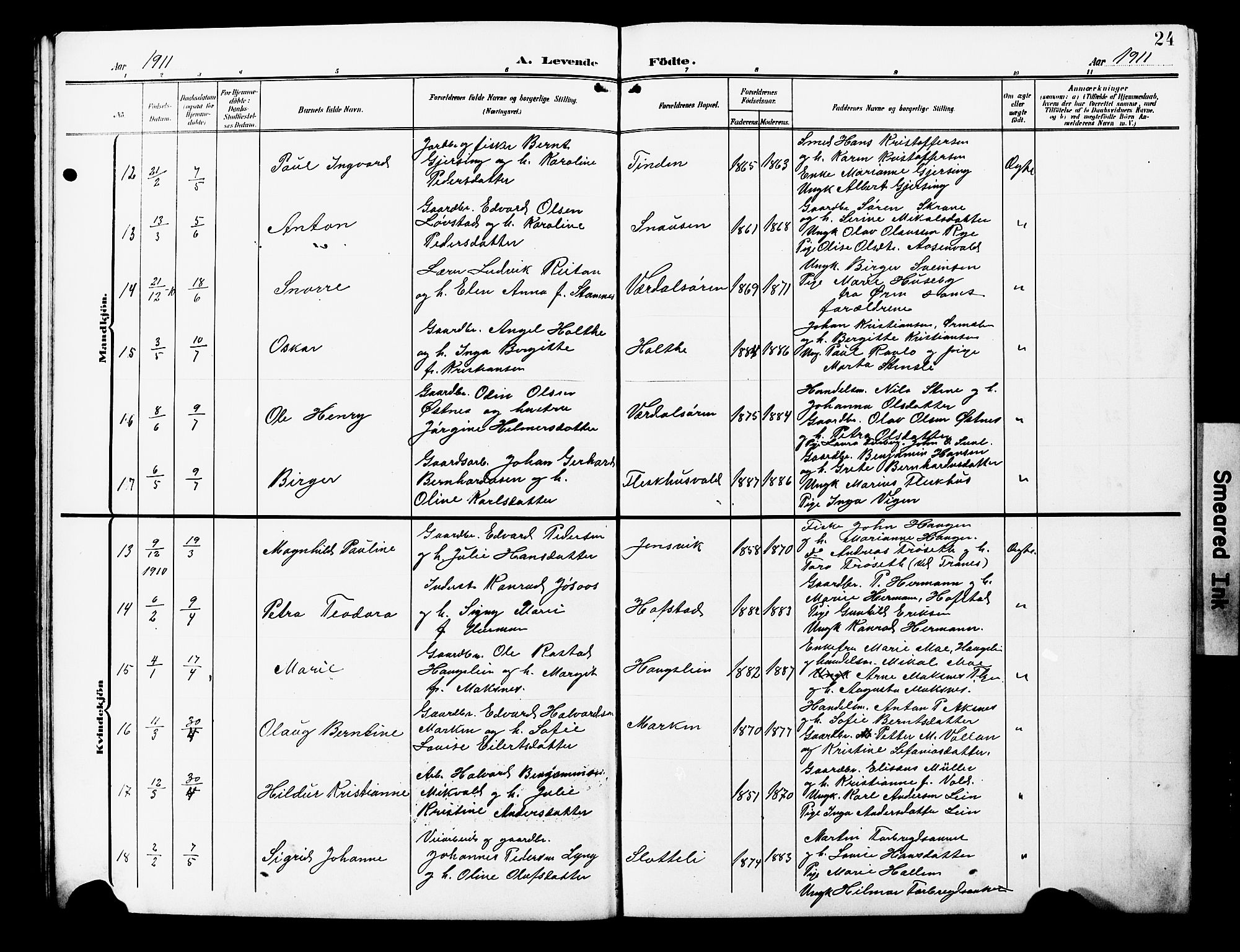 Ministerialprotokoller, klokkerbøker og fødselsregistre - Nord-Trøndelag, AV/SAT-A-1458/723/L0258: Parish register (copy) no. 723C06, 1908-1927, p. 24