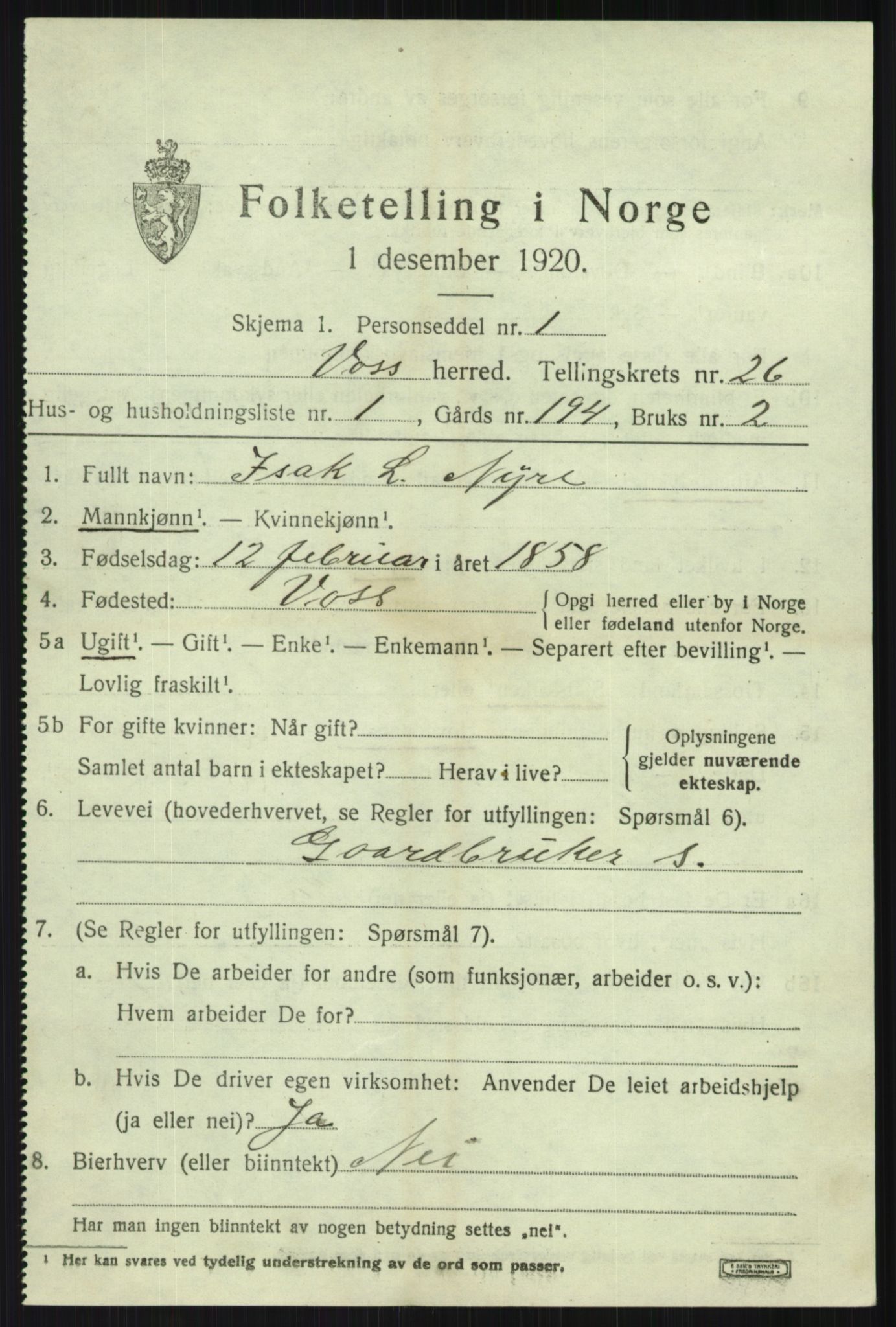 SAB, 1920 census for Voss, 1920, p. 17929