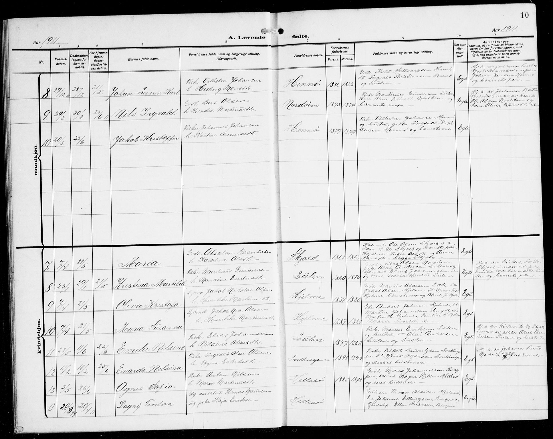 Herdla Sokneprestembete, SAB/A-75701/H/Hab: Parish register (copy) no. B 1, 1909-1929, p. 10