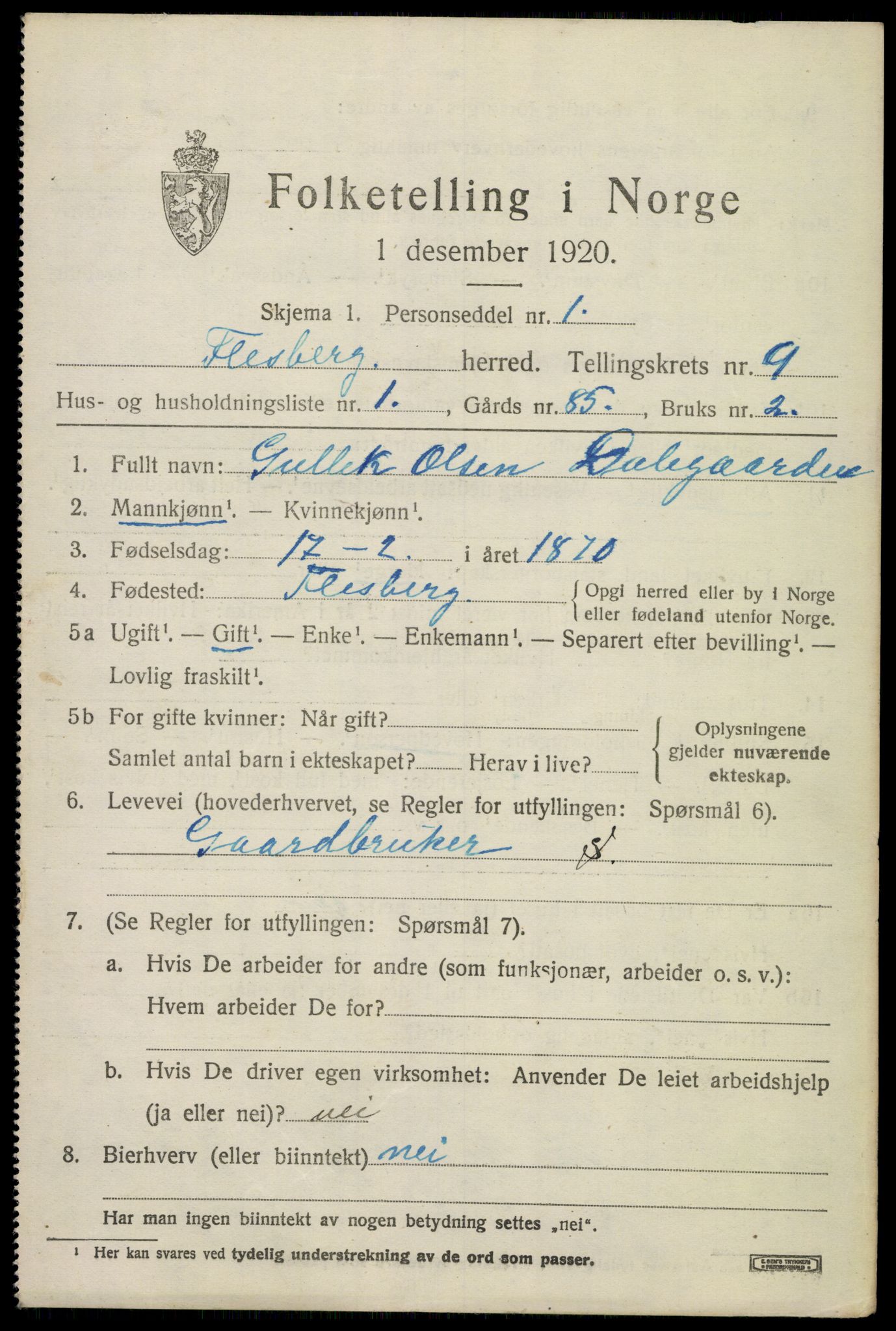 SAKO, 1920 census for Flesberg, 1920, p. 3523