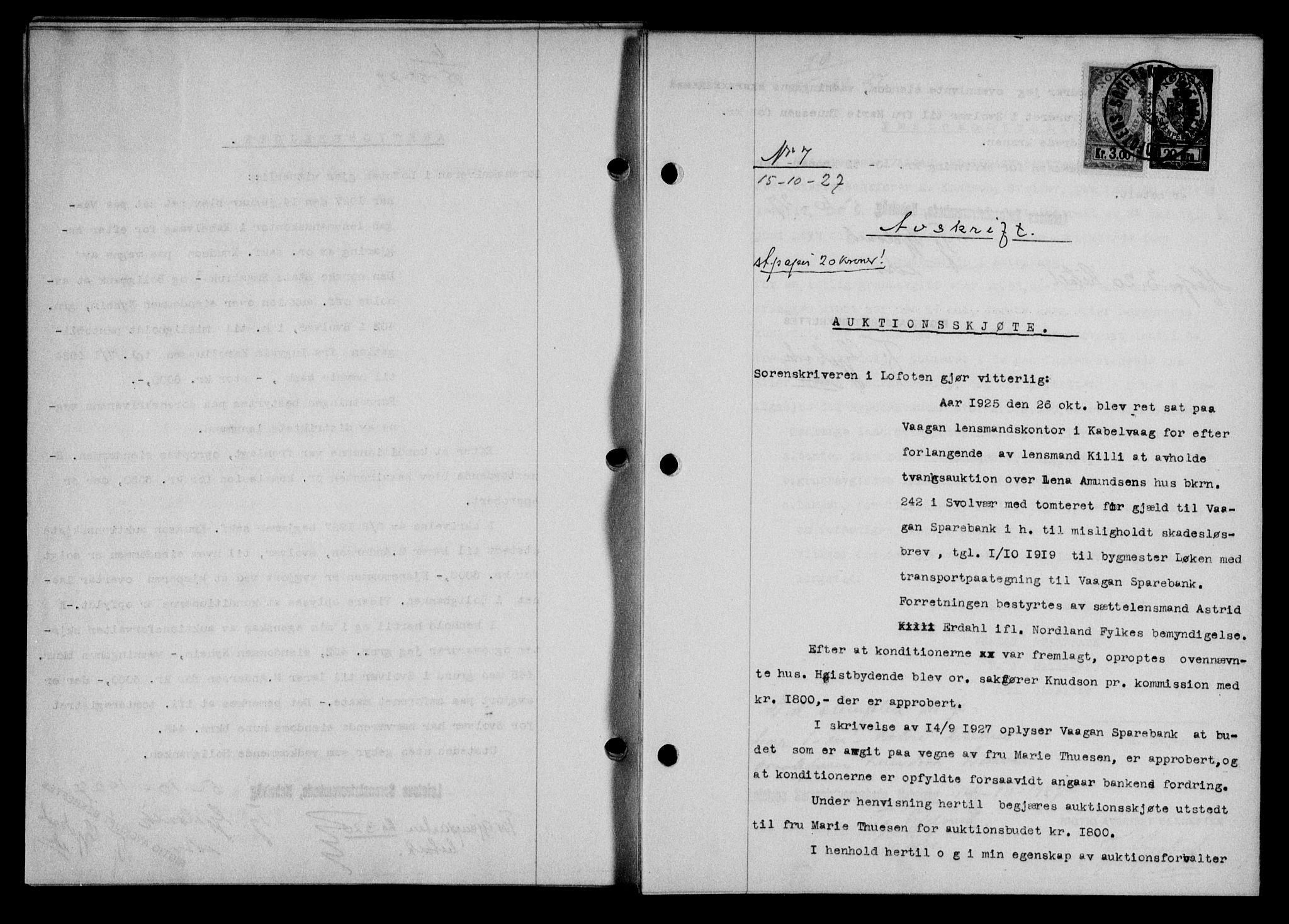 Lofoten sorenskriveri, AV/SAT-A-0017/1/2/2C/L0016b: Mortgage book no. 16b, 1927-1927, Deed date: 15.10.1927