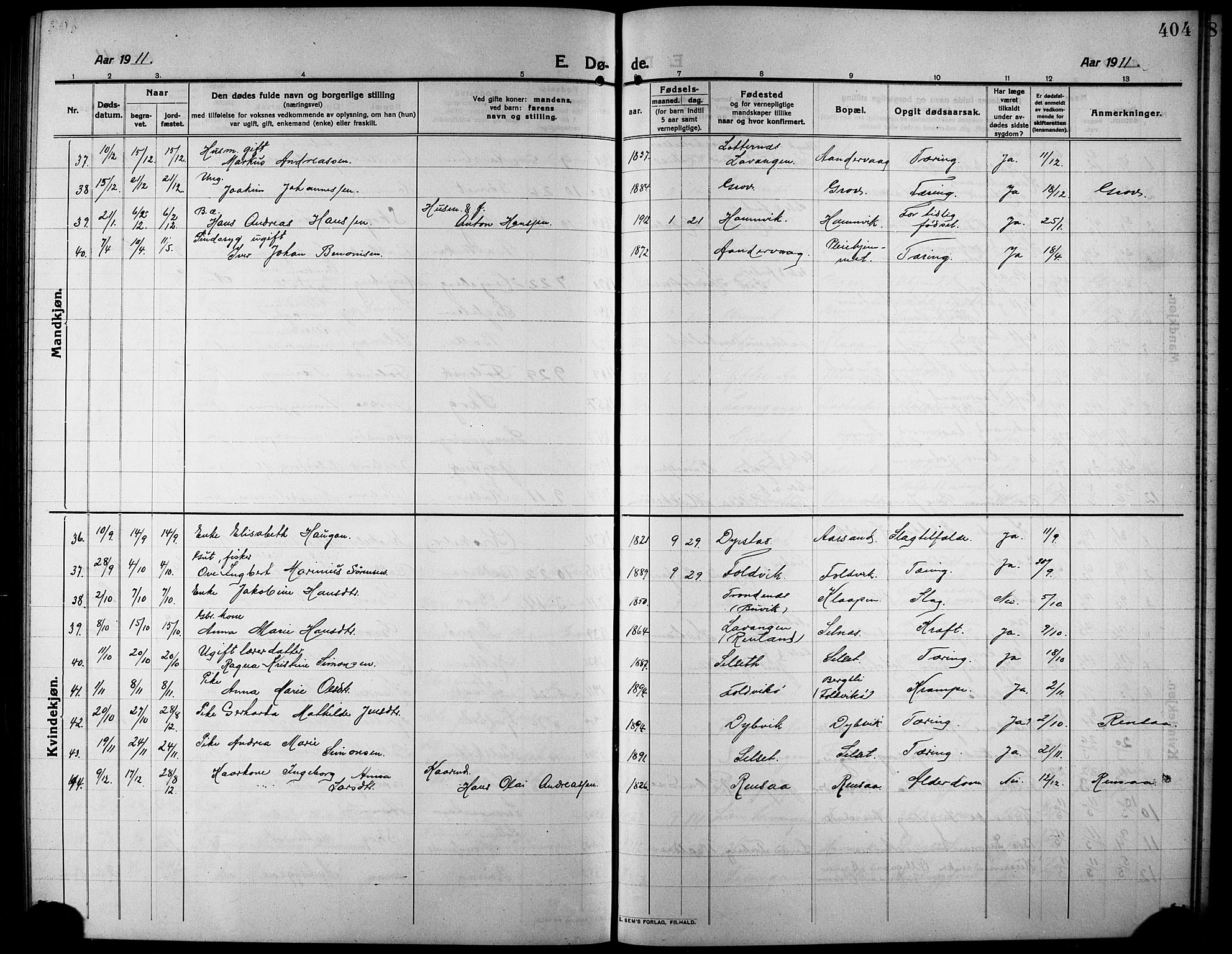 Ibestad sokneprestembete, SATØ/S-0077/H/Ha/Hab/L0009klokker: Parish register (copy) no. 9, 1902-1914, p. 404