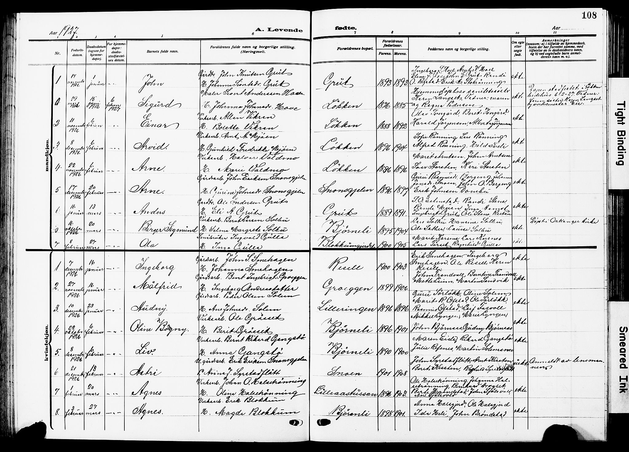 Ministerialprotokoller, klokkerbøker og fødselsregistre - Sør-Trøndelag, SAT/A-1456/672/L0865: Parish register (copy) no. 672C04, 1914-1928, p. 108