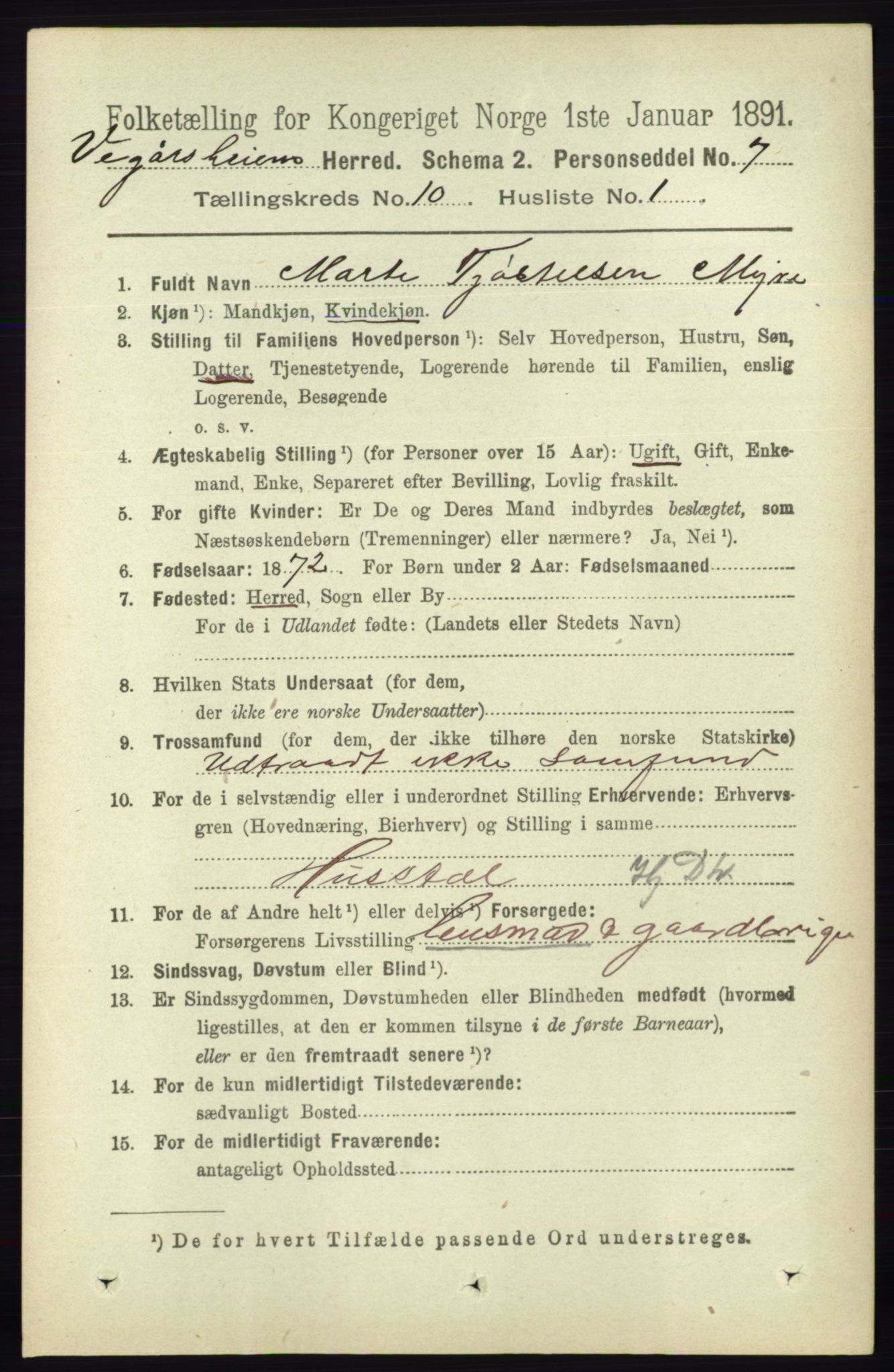 RA, 1891 census for 0912 Vegårshei, 1891, p. 1914