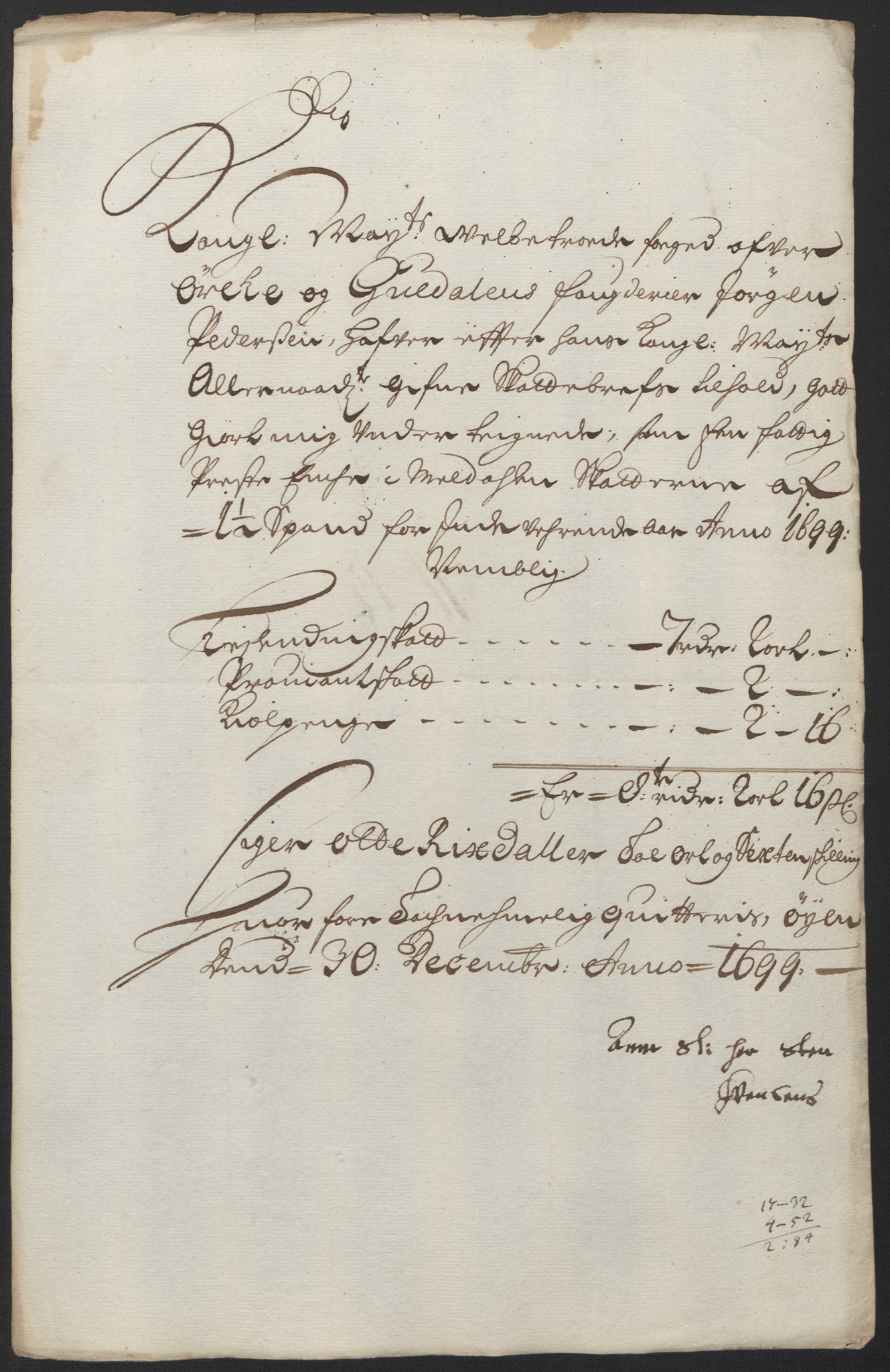 Rentekammeret inntil 1814, Reviderte regnskaper, Fogderegnskap, RA/EA-4092/R60/L3949: Fogderegnskap Orkdal og Gauldal, 1699, p. 166