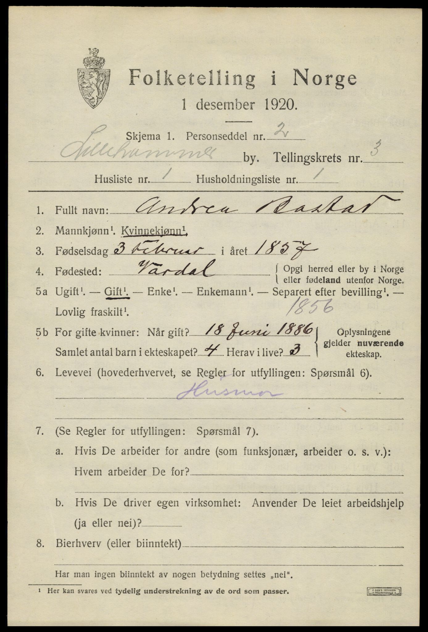 SAH, 1920 census for Lillehammer, 1920, p. 5628