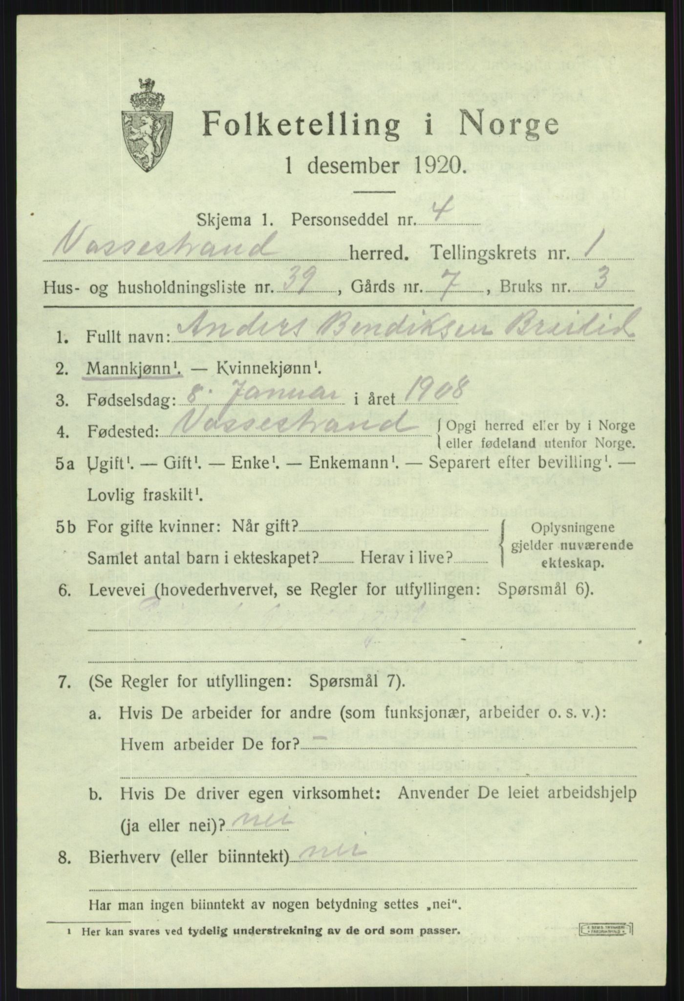 SAB, 1920 census for Vossestrand, 1920, p. 1102