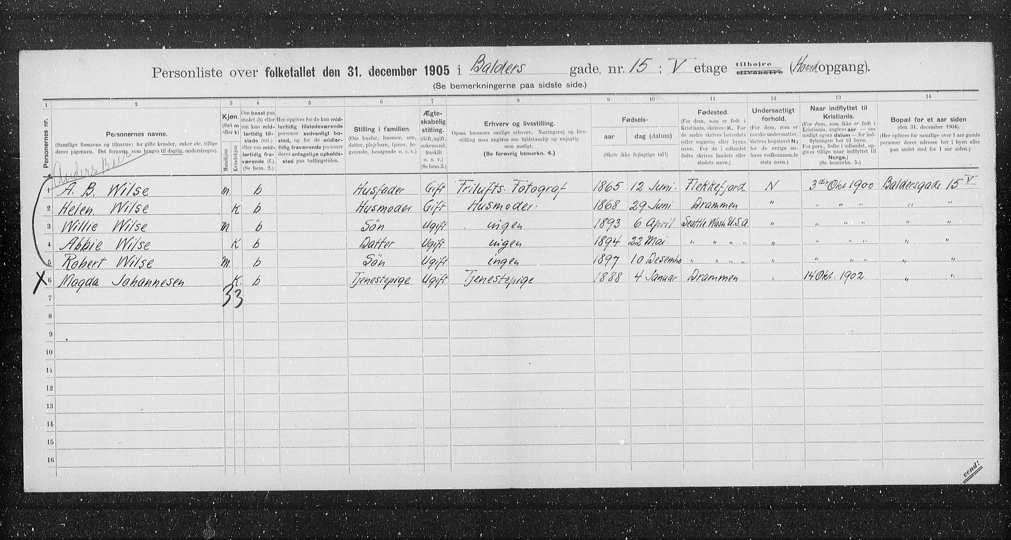 OBA, Municipal Census 1905 for Kristiania, 1905, p. 1698