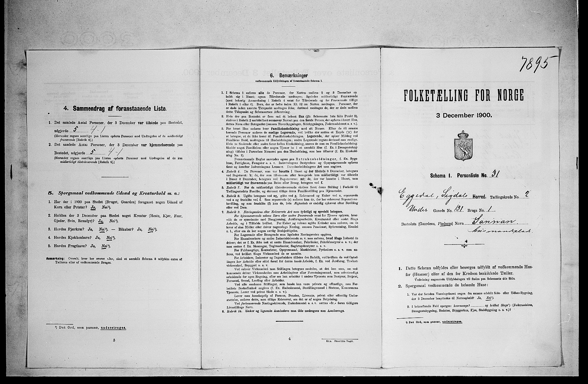 RA, 1900 census for Sigdal, 1900, p. 1931