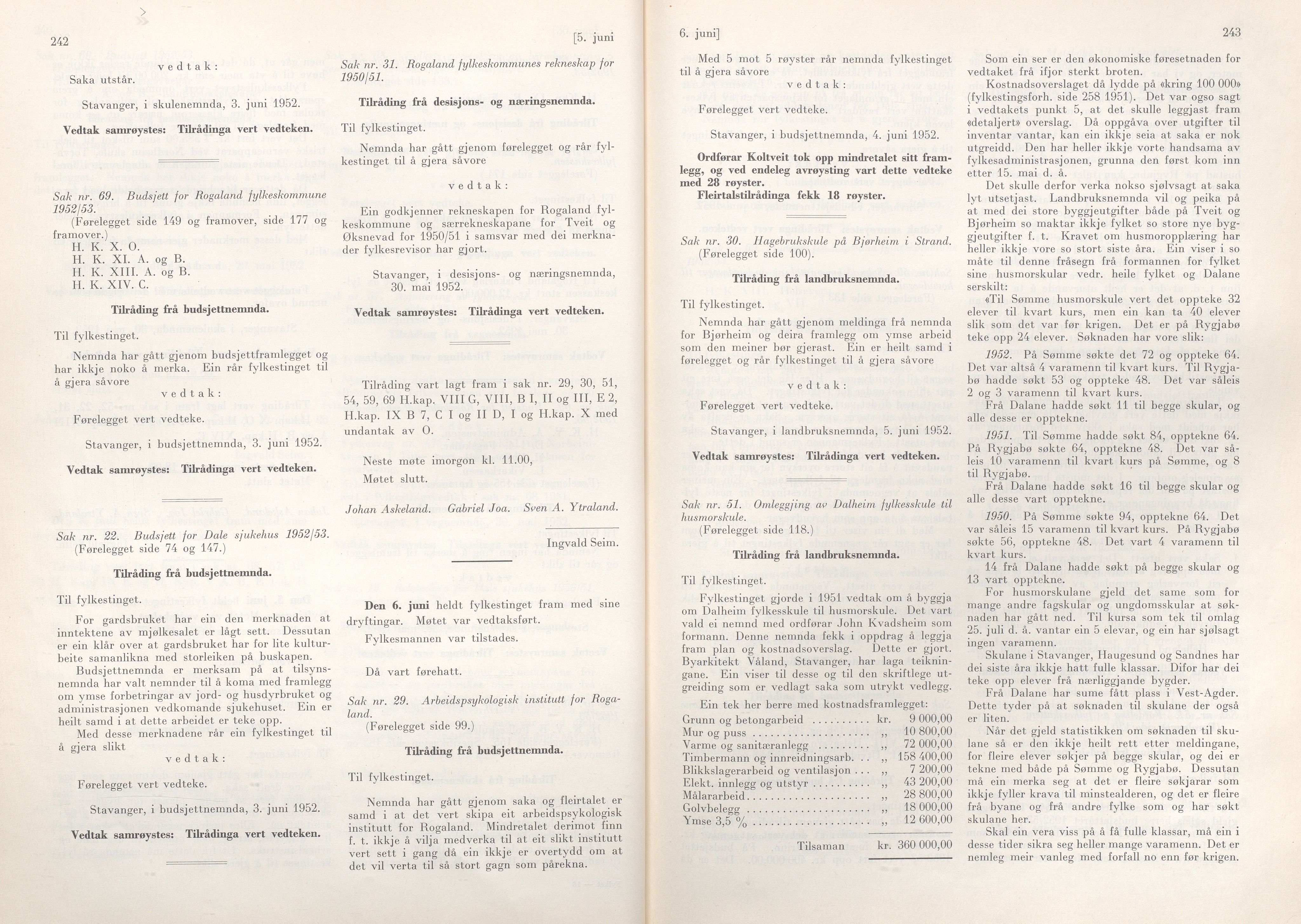 Rogaland fylkeskommune - Fylkesrådmannen , IKAR/A-900/A/Aa/Aaa/L0071: Møtebok , 1952, p. 242-243