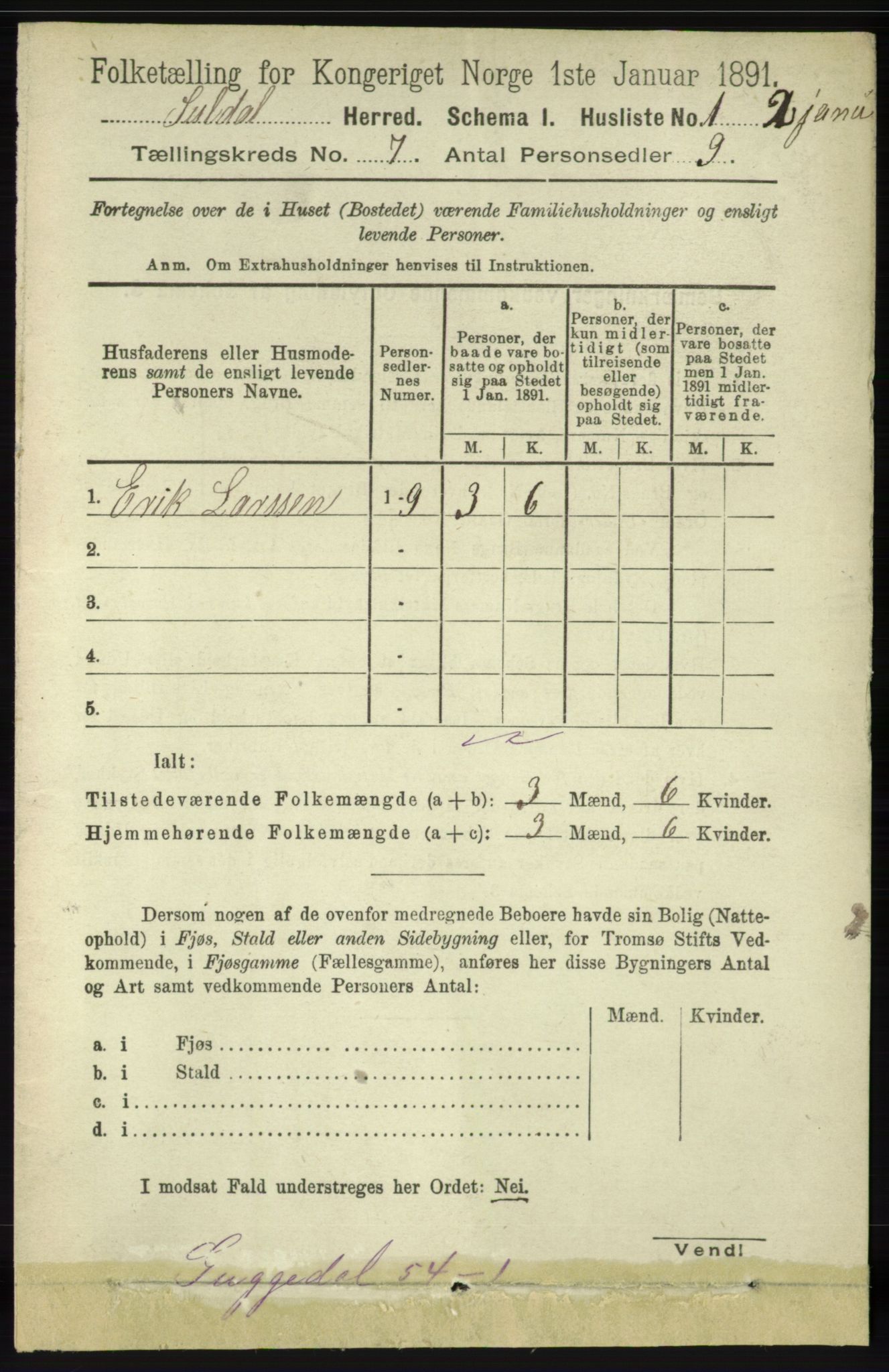 RA, 1891 census for 1134 Suldal, 1891, p. 1939