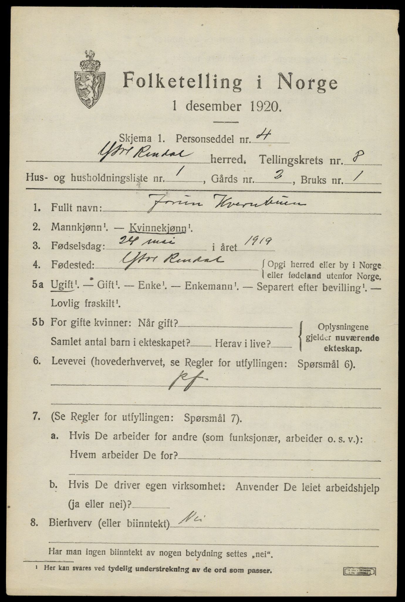 SAH, 1920 census for Ytre Rendal, 1920, p. 3921