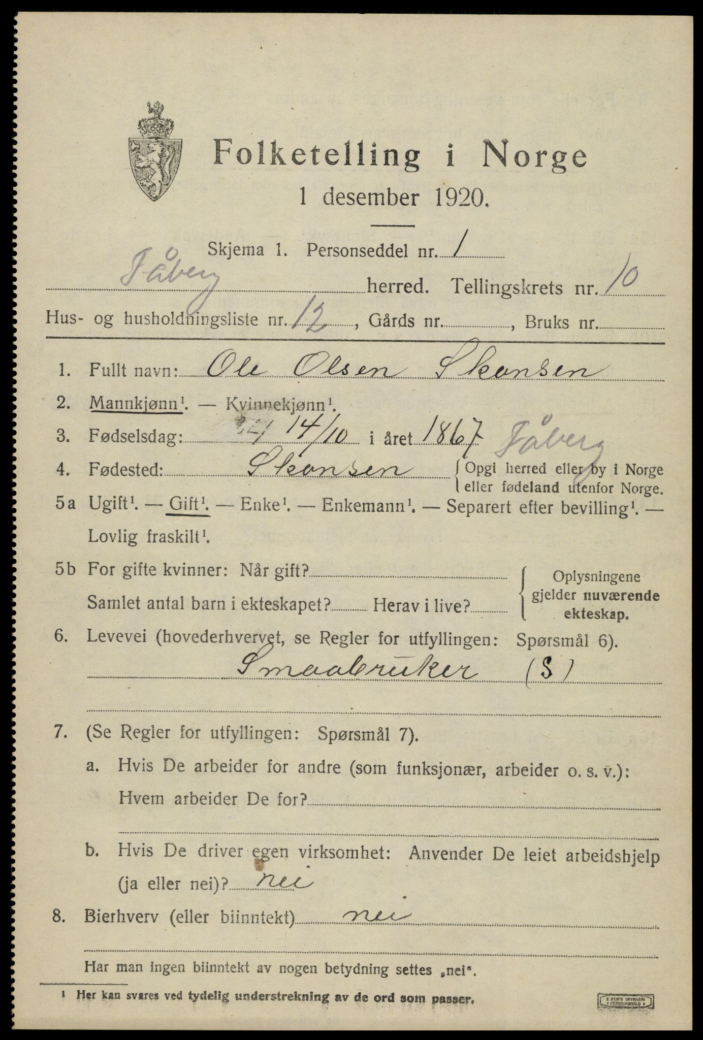 SAH, 1920 census for Fåberg, 1920, p. 11766