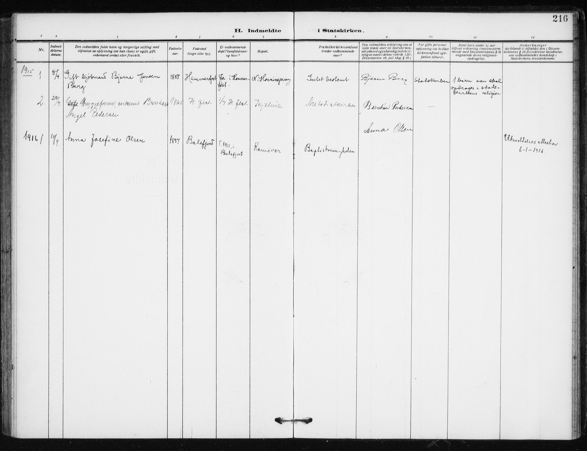 Kjelvik/Nordkapp sokneprestkontor, SATØ/S-1350/H/Ha/L0001kirke: Parish register (official) no. 1, 1911-1919, p. 216