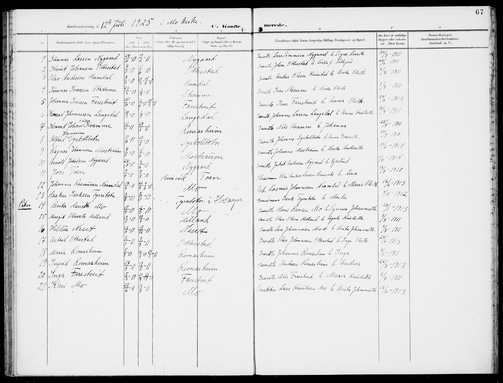 Hosanger sokneprestembete, SAB/A-75801/H/Haa: Parish register (official) no. C  2, 1901-1925, p. 67