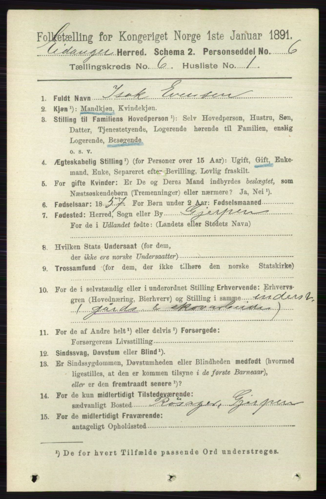 RA, 1891 census for 0813 Eidanger, 1891, p. 2573