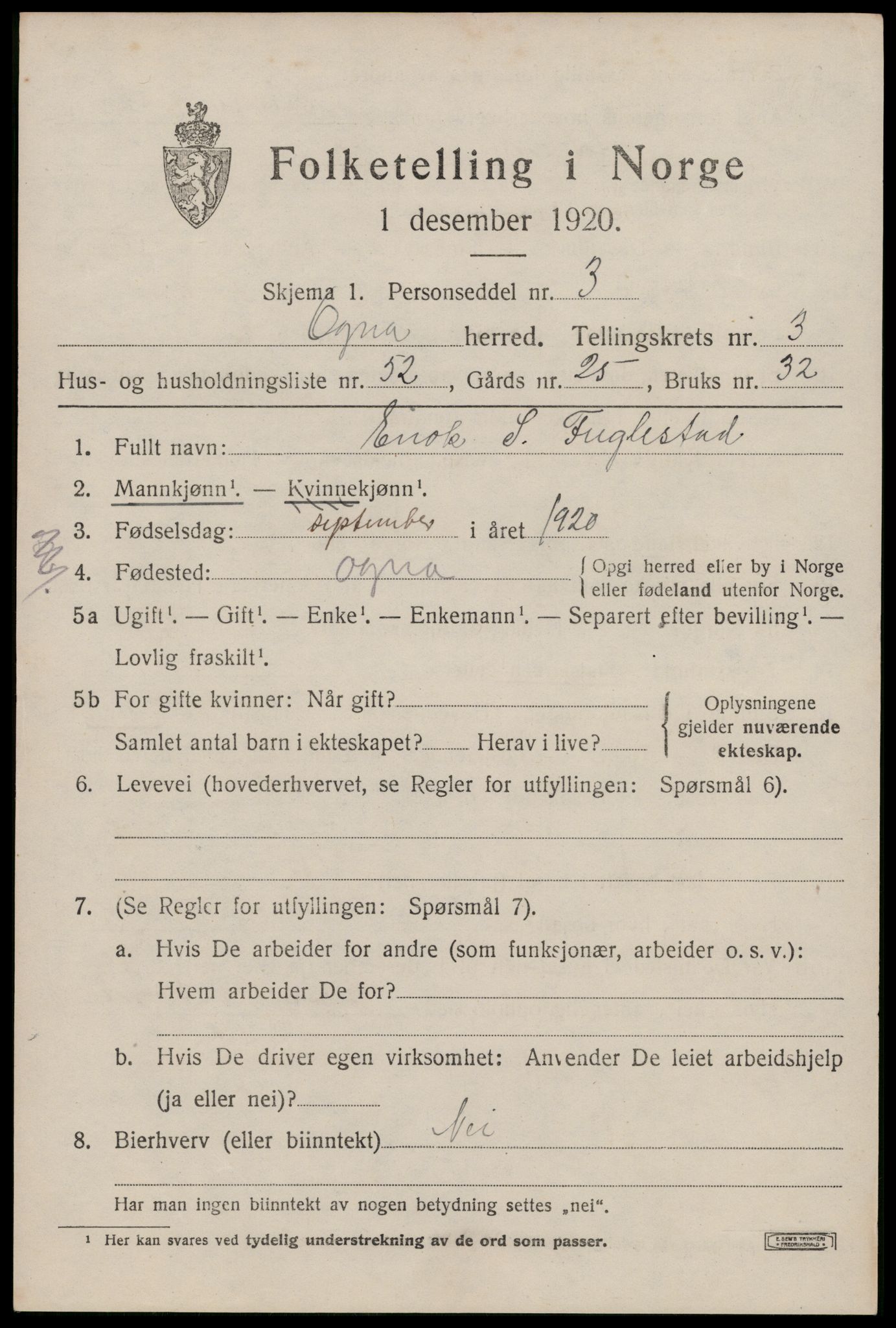 SAST, 1920 census for Ogna, 1920, p. 2445