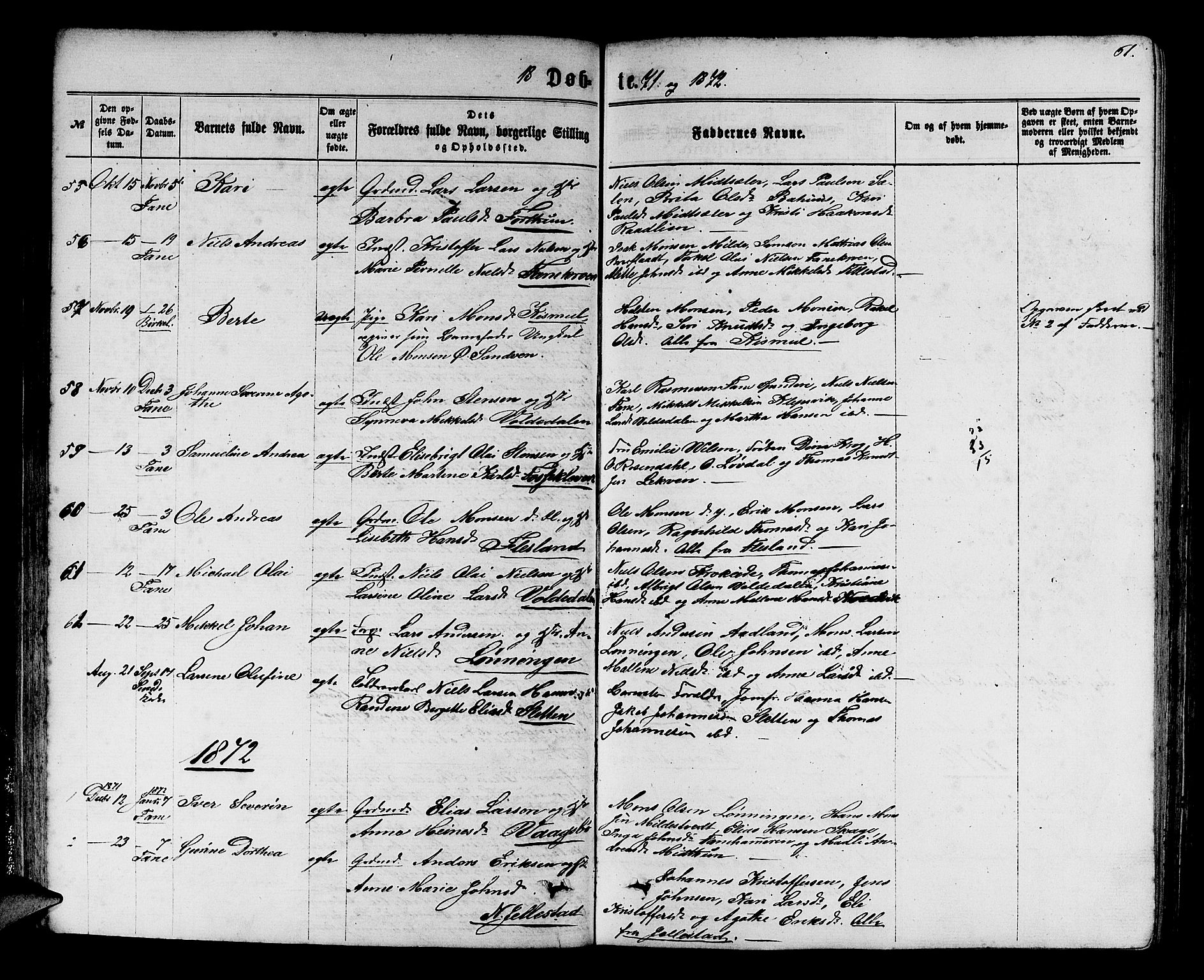 Fana Sokneprestembete, SAB/A-75101/H/Hab/Habb/L0003: Parish register (copy) no. B 3, 1861-1888, p. 61