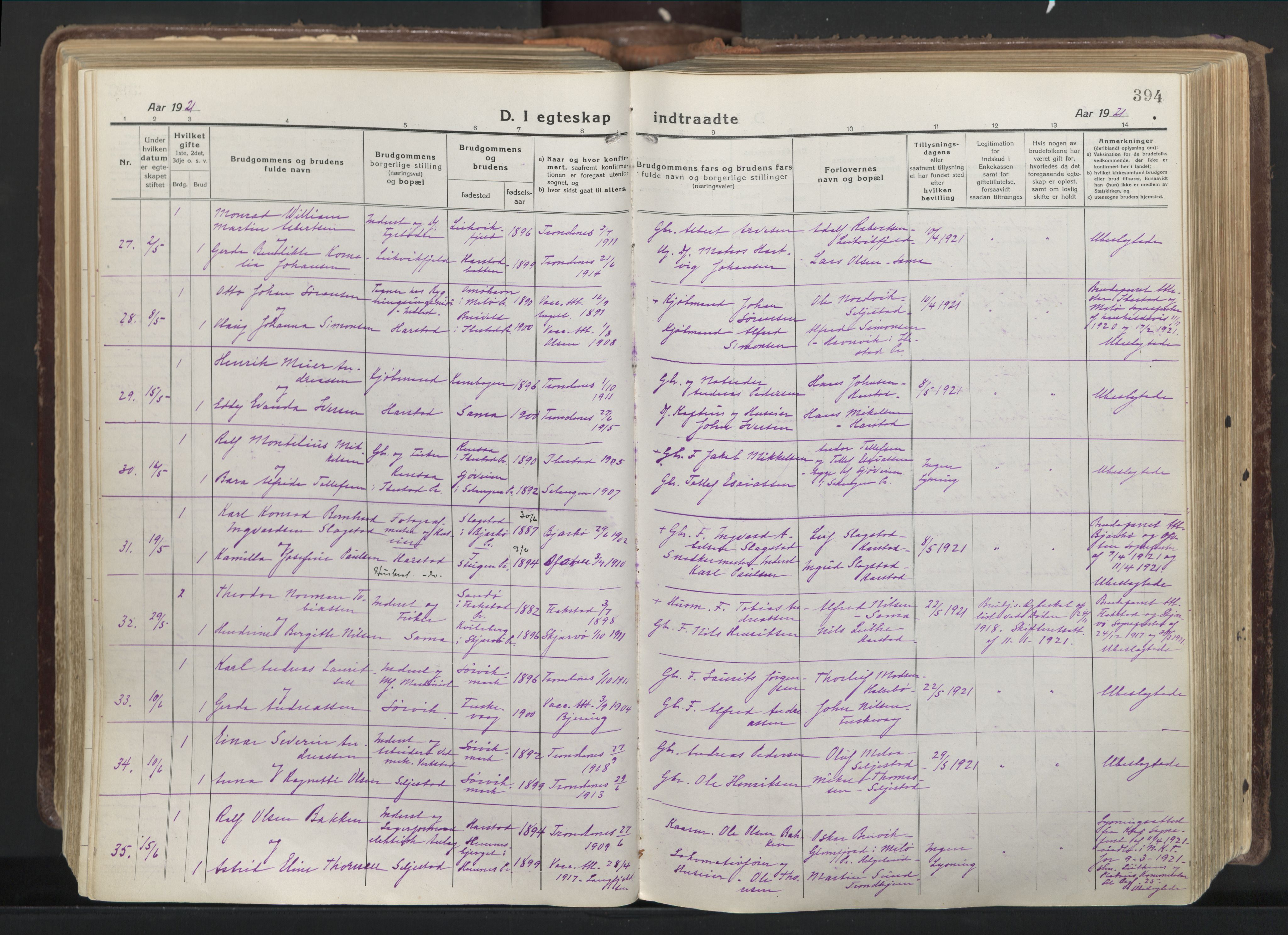 Trondenes sokneprestkontor, AV/SATØ-S-1319/H/Ha/L0019kirke: Parish register (official) no. 19, 1919-1928, p. 394