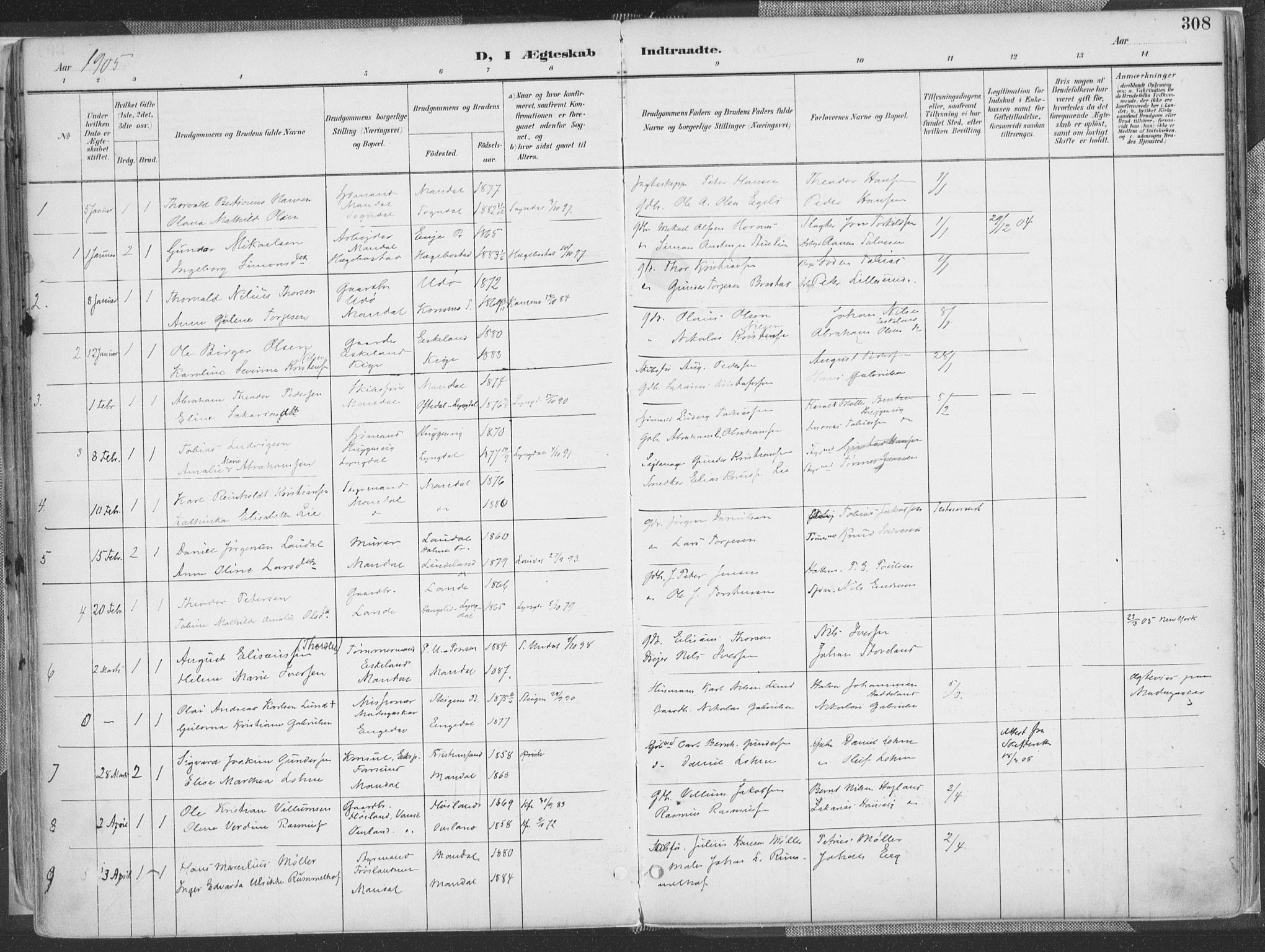 Mandal sokneprestkontor, SAK/1111-0030/F/Fa/Faa/L0018: Parish register (official) no. A 18, 1890-1905, p. 308