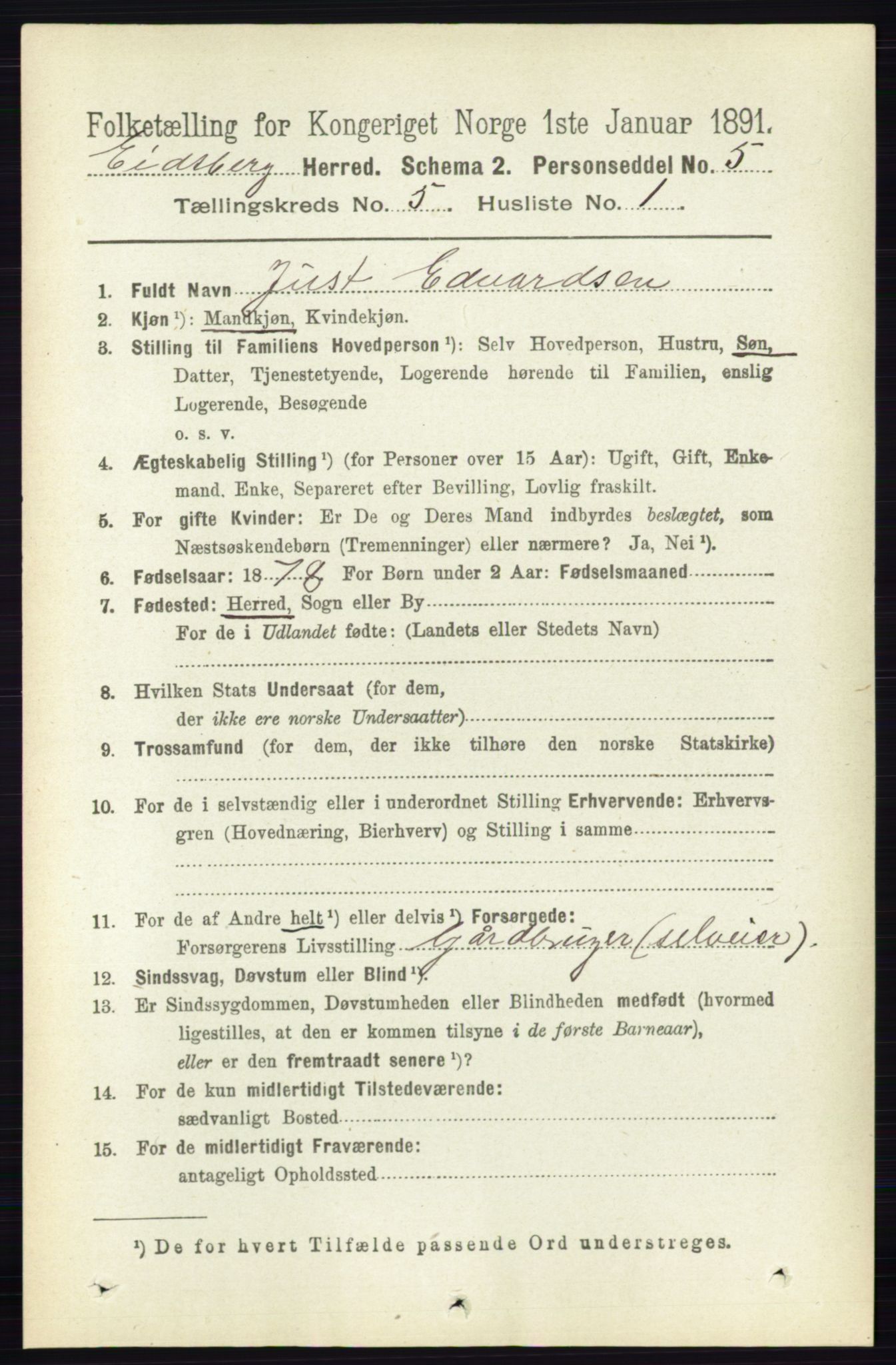 RA, 1891 census for 0125 Eidsberg, 1891, p. 3021