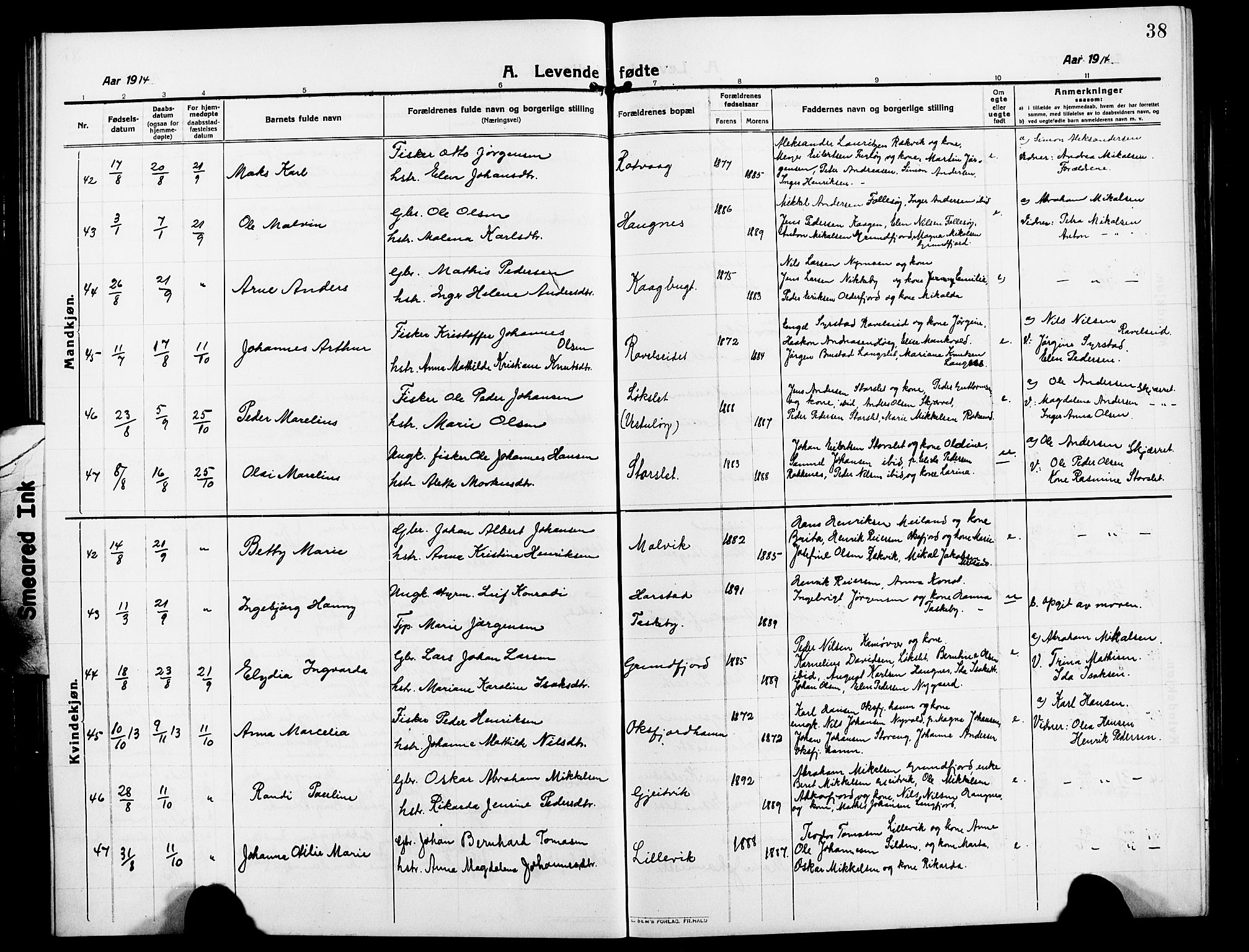 Skjervøy sokneprestkontor, AV/SATØ-S-1300/H/Ha/Hab/L0009klokker: Parish register (copy) no. 9, 1911-1926, p. 38