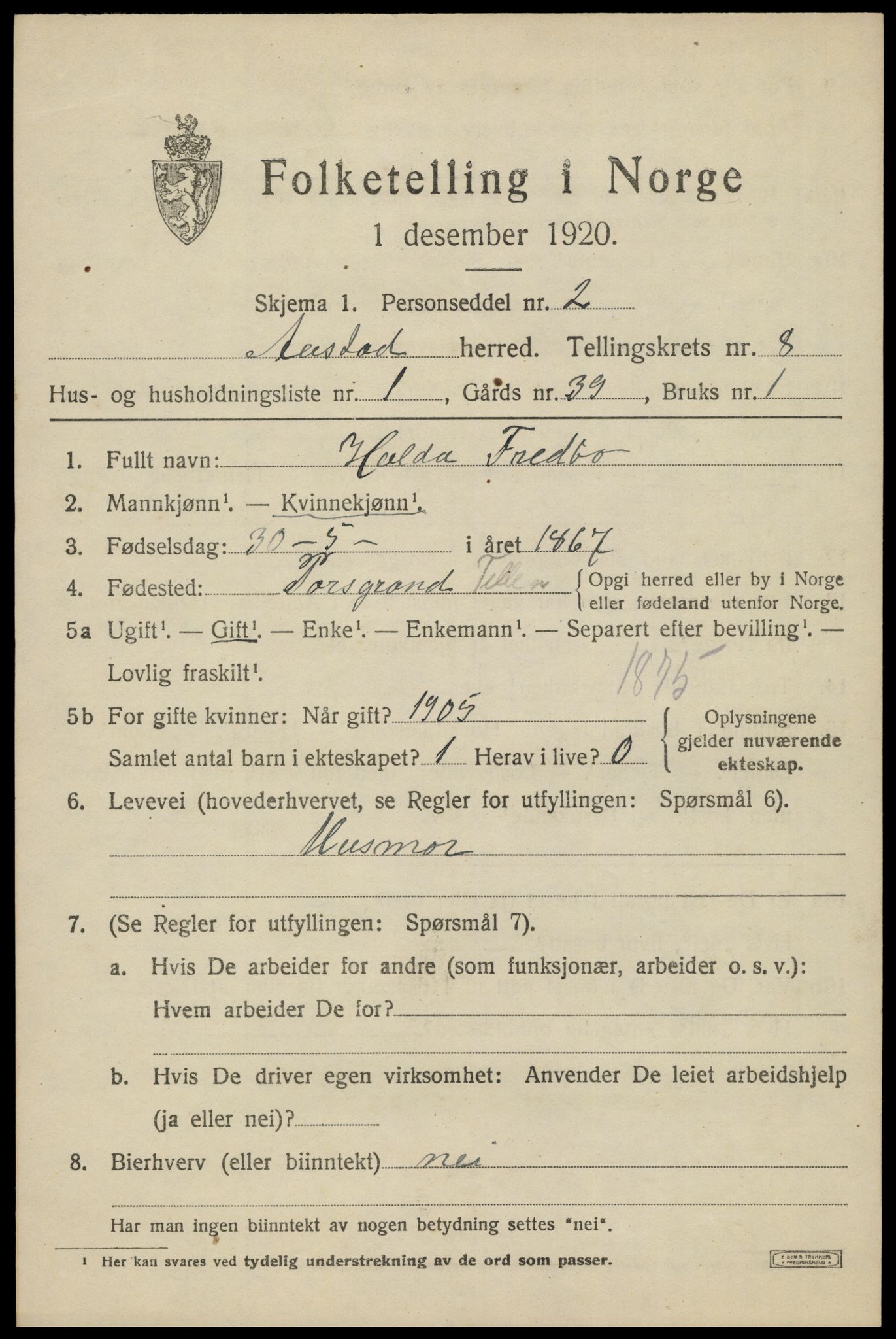 SAK, 1920 census for Austad, 1920, p. 2607