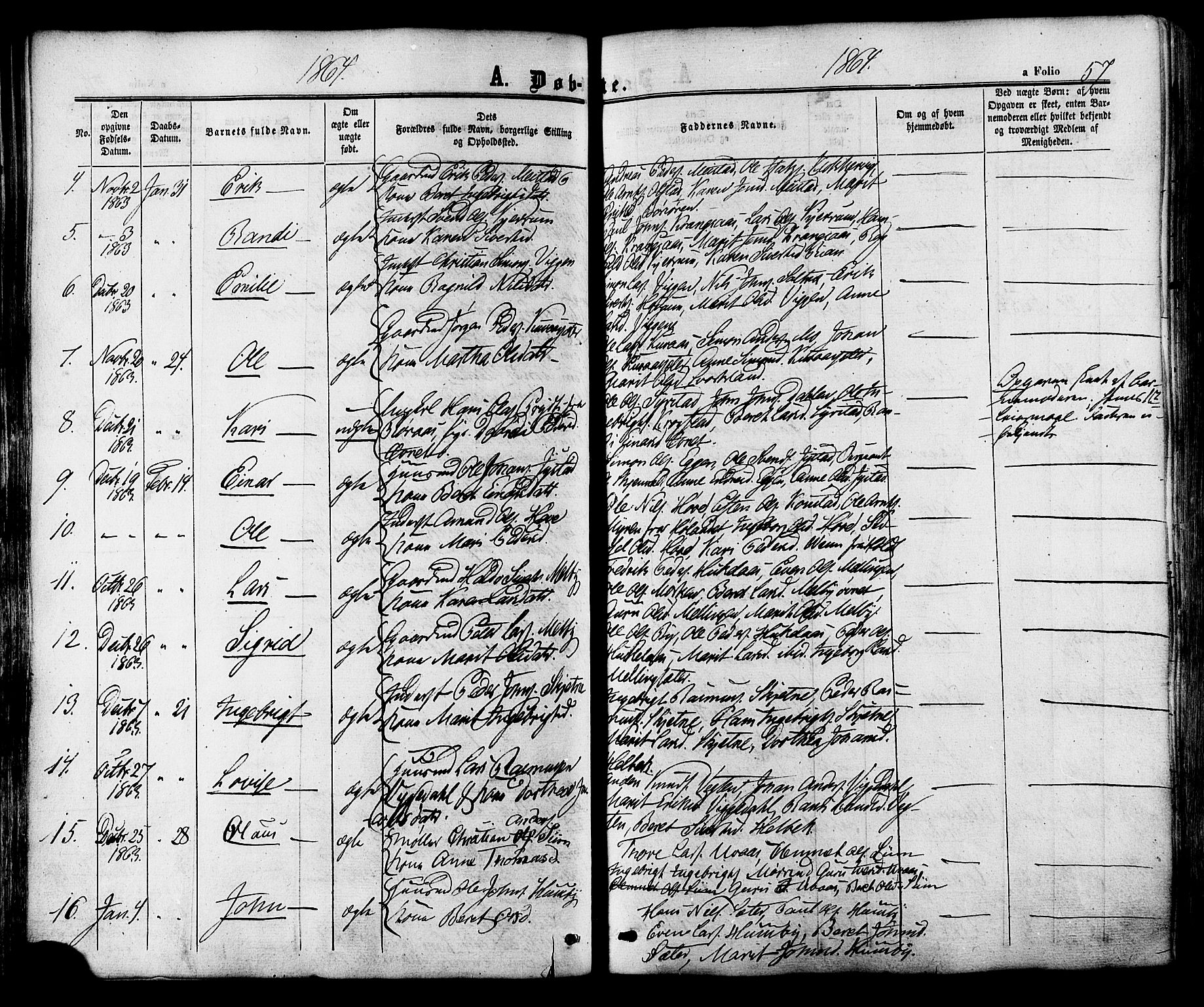 Ministerialprotokoller, klokkerbøker og fødselsregistre - Sør-Trøndelag, SAT/A-1456/665/L0772: Parish register (official) no. 665A07, 1856-1878, p. 57
