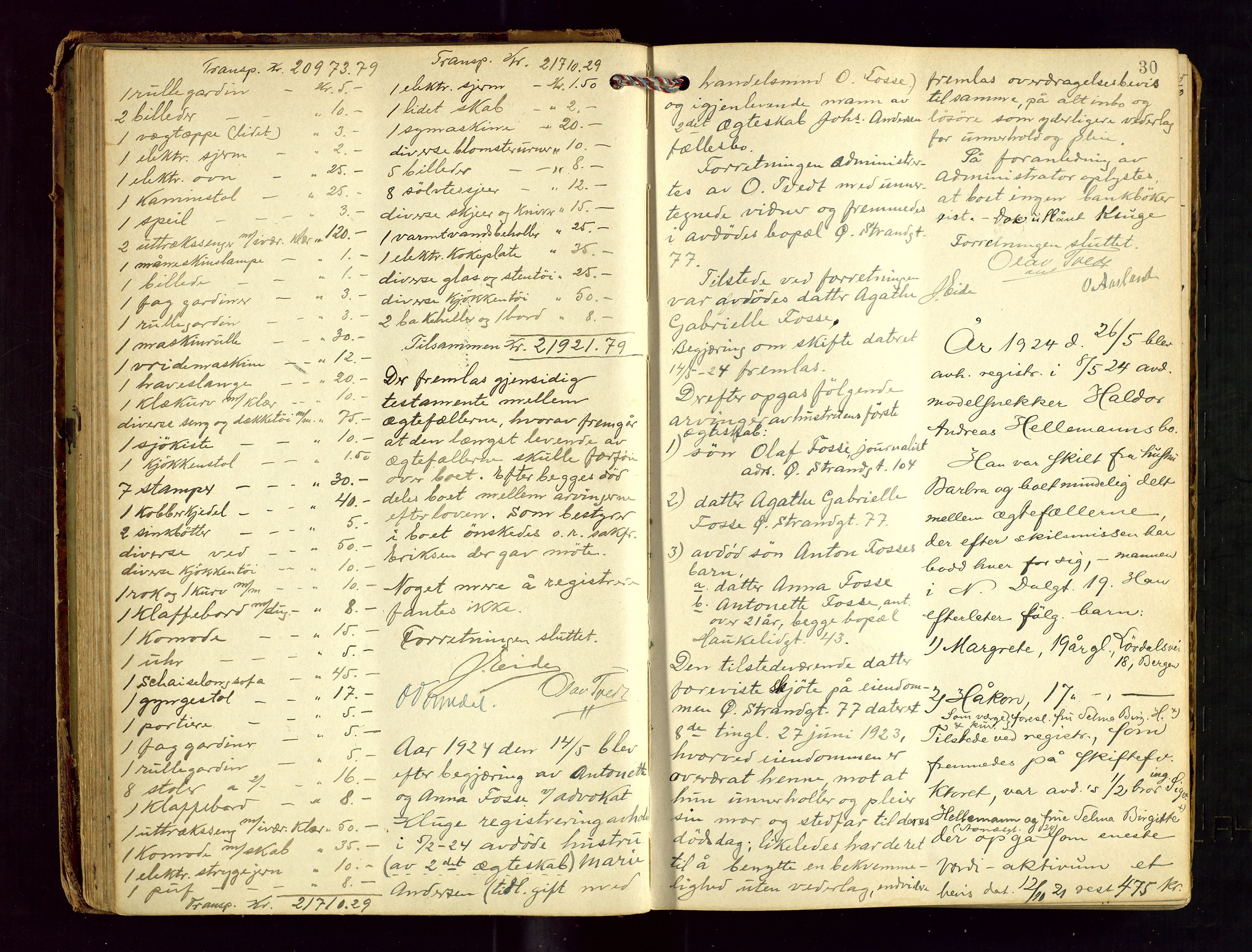 Stavanger skifteforvalter, AV/SAST-A-101412/001/5/53/533BA/L0004: Registreringsprotokoll, 1923-1930, p. 29b-30a